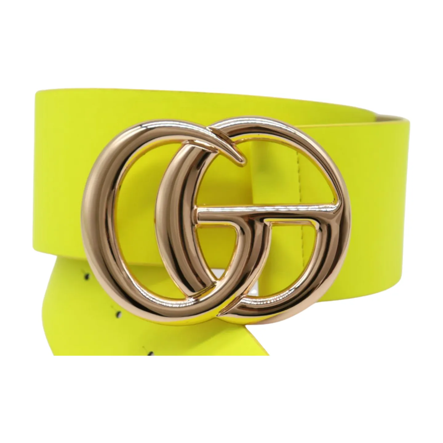 Women Bright Neon Yellow Wide Faux Leather Belt Gold Metal Circle Buckle Fit S M