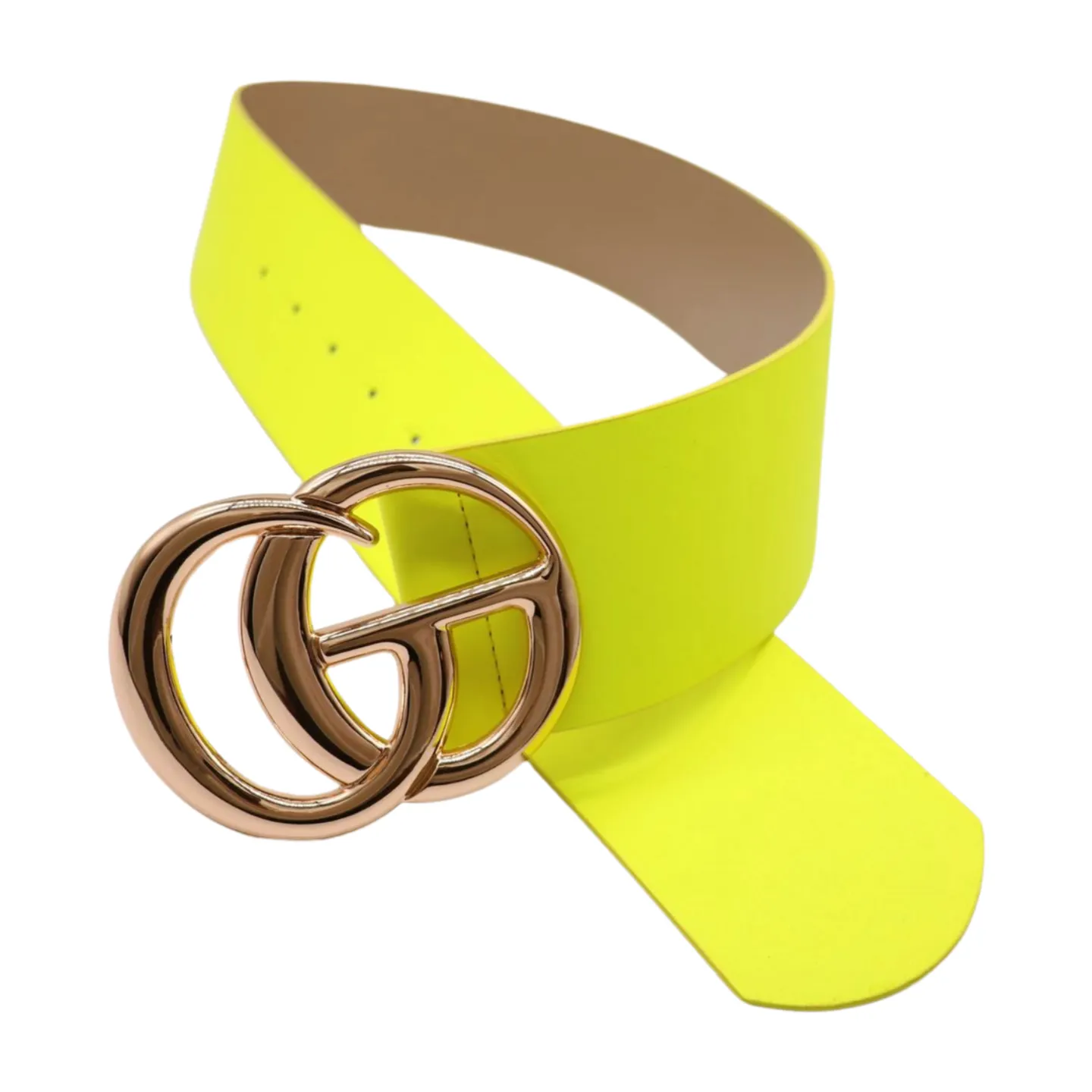 Women Bright Neon Yellow Wide Faux Leather Belt Gold Metal Circle Buckle Fit S M