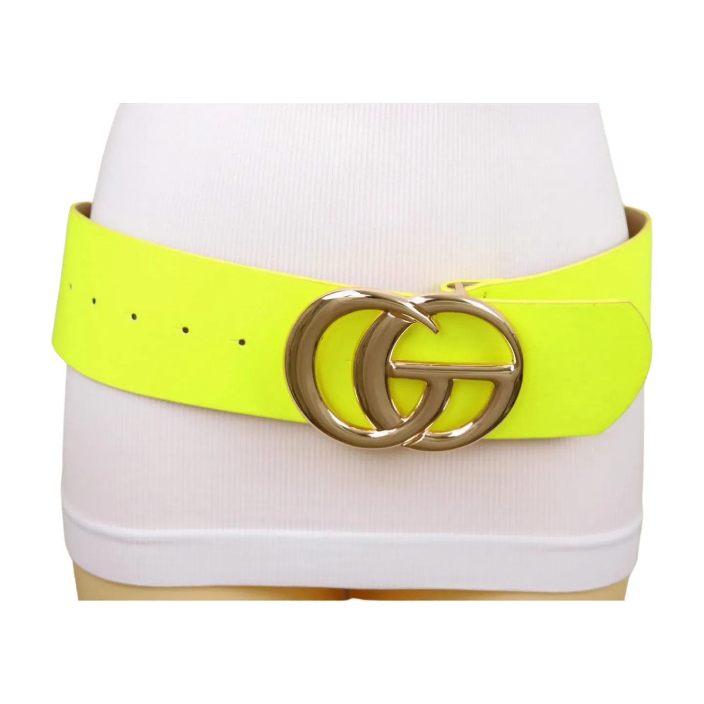 Women Bright Neon Yellow Wide Faux Leather Belt Gold Metal Circle Buckle Fit S M