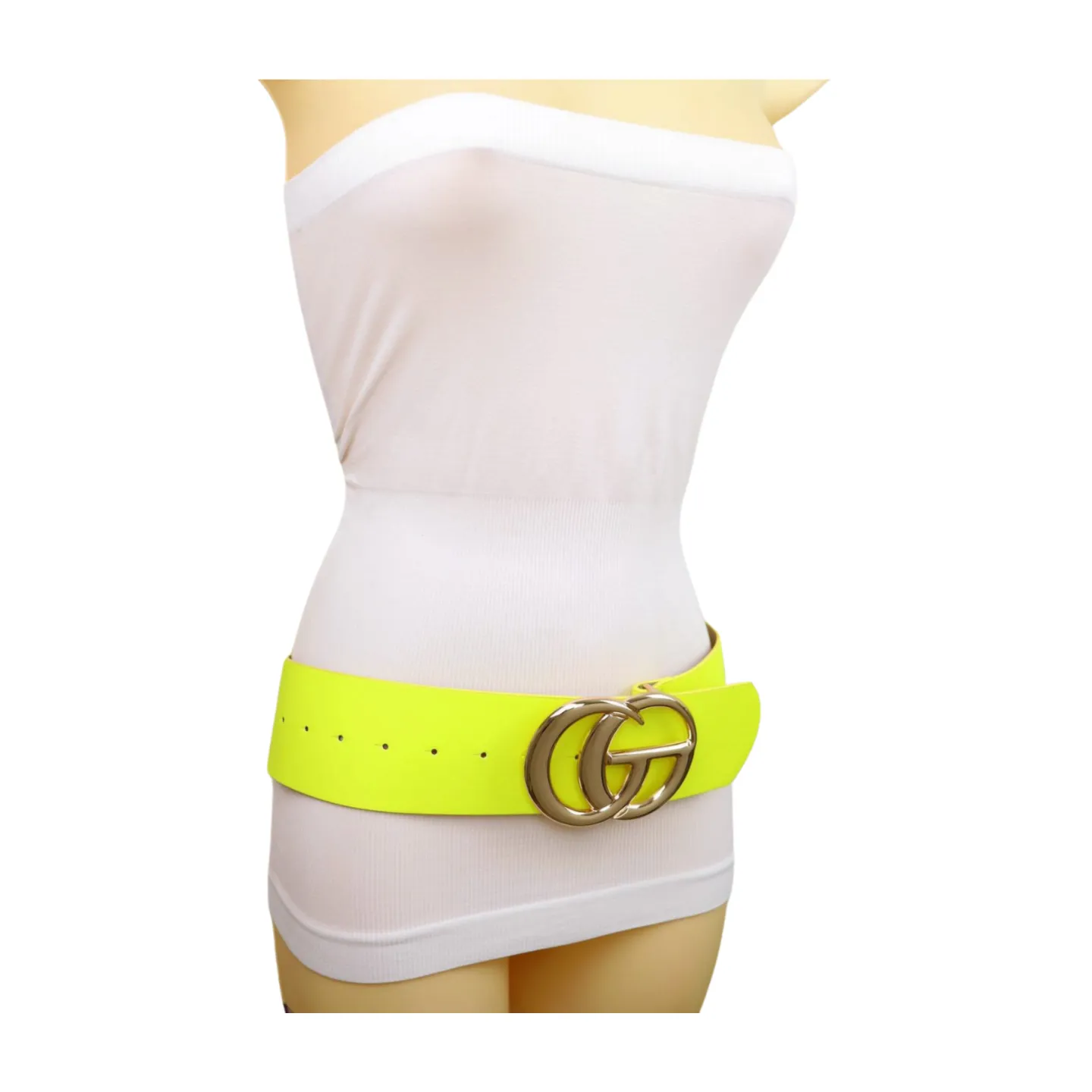 Women Bright Neon Yellow Wide Faux Leather Belt Gold Metal Circle Buckle Fit S M