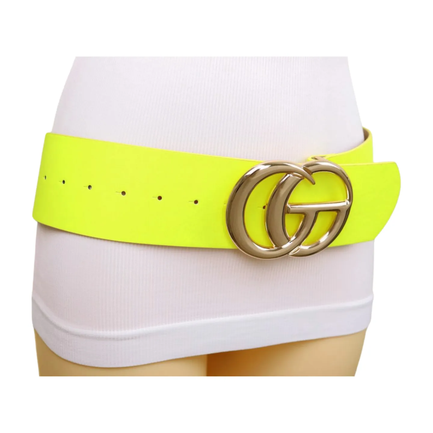 Women Bright Neon Yellow Wide Faux Leather Belt Gold Metal Circle Buckle Fit S M