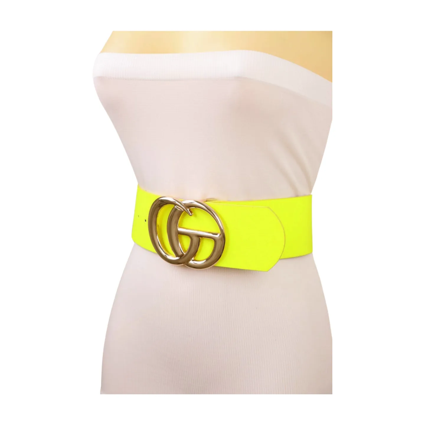 Women Bright Neon Yellow Wide Faux Leather Belt Gold Metal Circle Buckle Fit S M