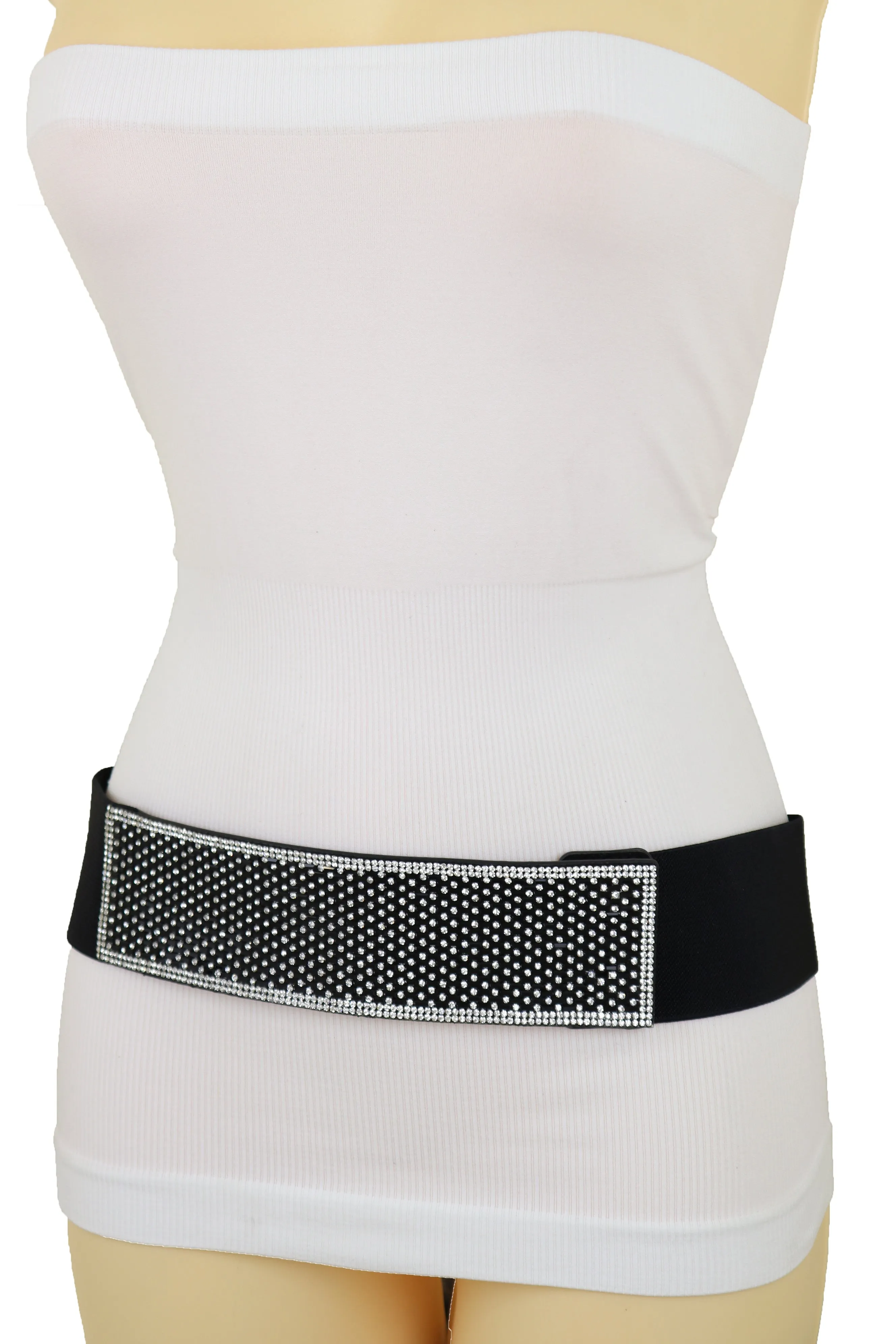 Women Elegant Fashion Belt Black Elastic Waistband Bling Long Plate Buckle Prom Dance Party S M