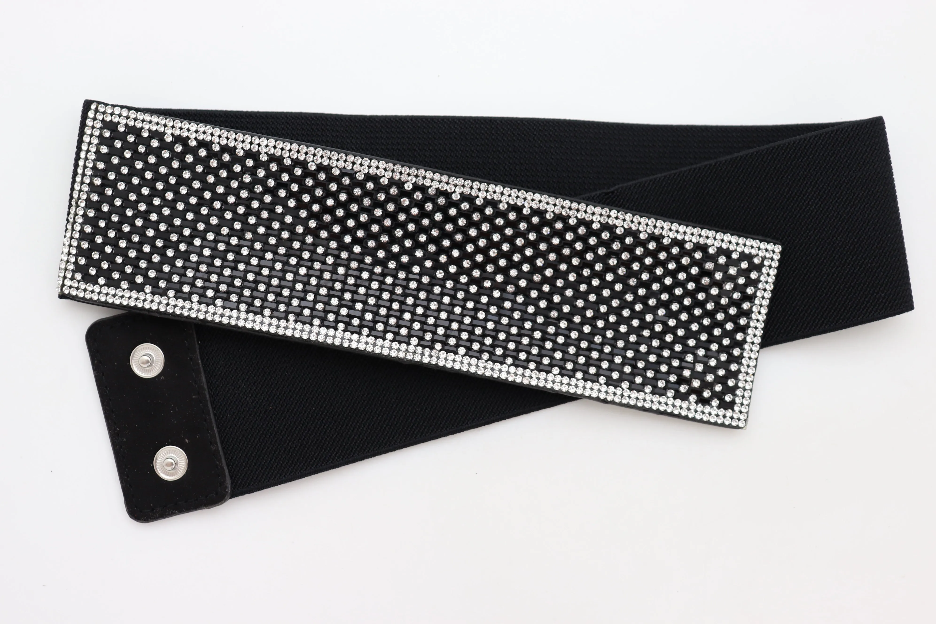Women Elegant Fashion Belt Black Elastic Waistband Bling Long Plate Buckle Prom Dance Party S M