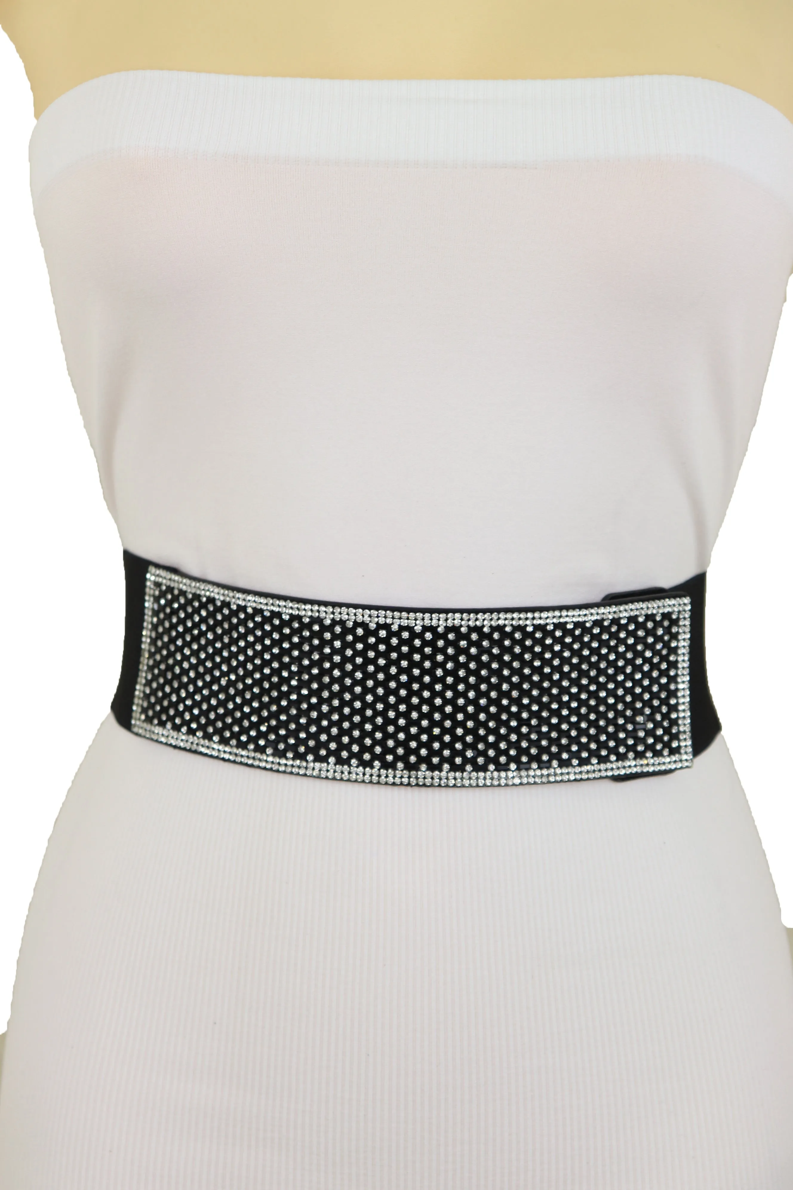 Women Elegant Fashion Belt Black Elastic Waistband Bling Long Plate Buckle Prom Dance Party S M