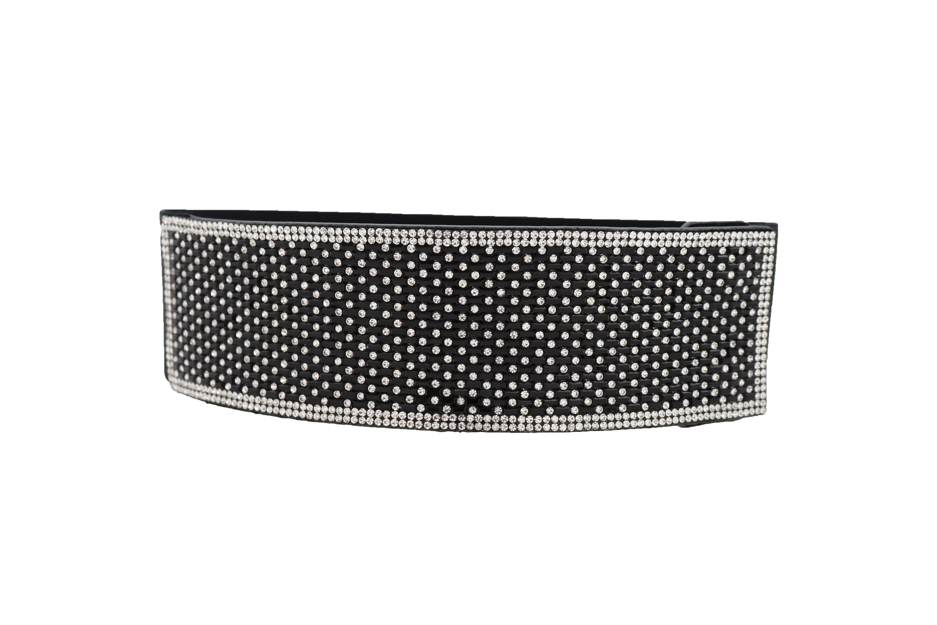 Women Elegant Fashion Belt Black Elastic Waistband Bling Long Plate Buckle Prom Dance Party S M