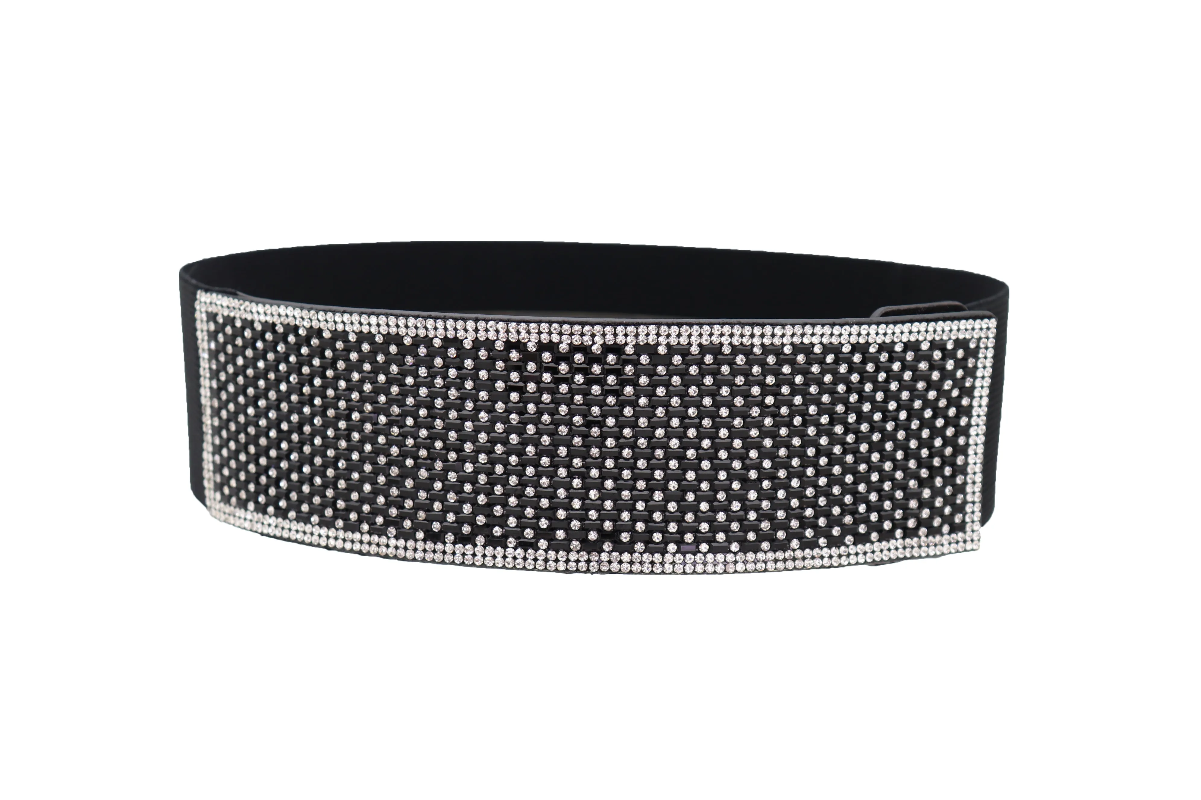 Women Elegant Fashion Belt Black Elastic Waistband Bling Long Plate Buckle Prom Dance Party S M