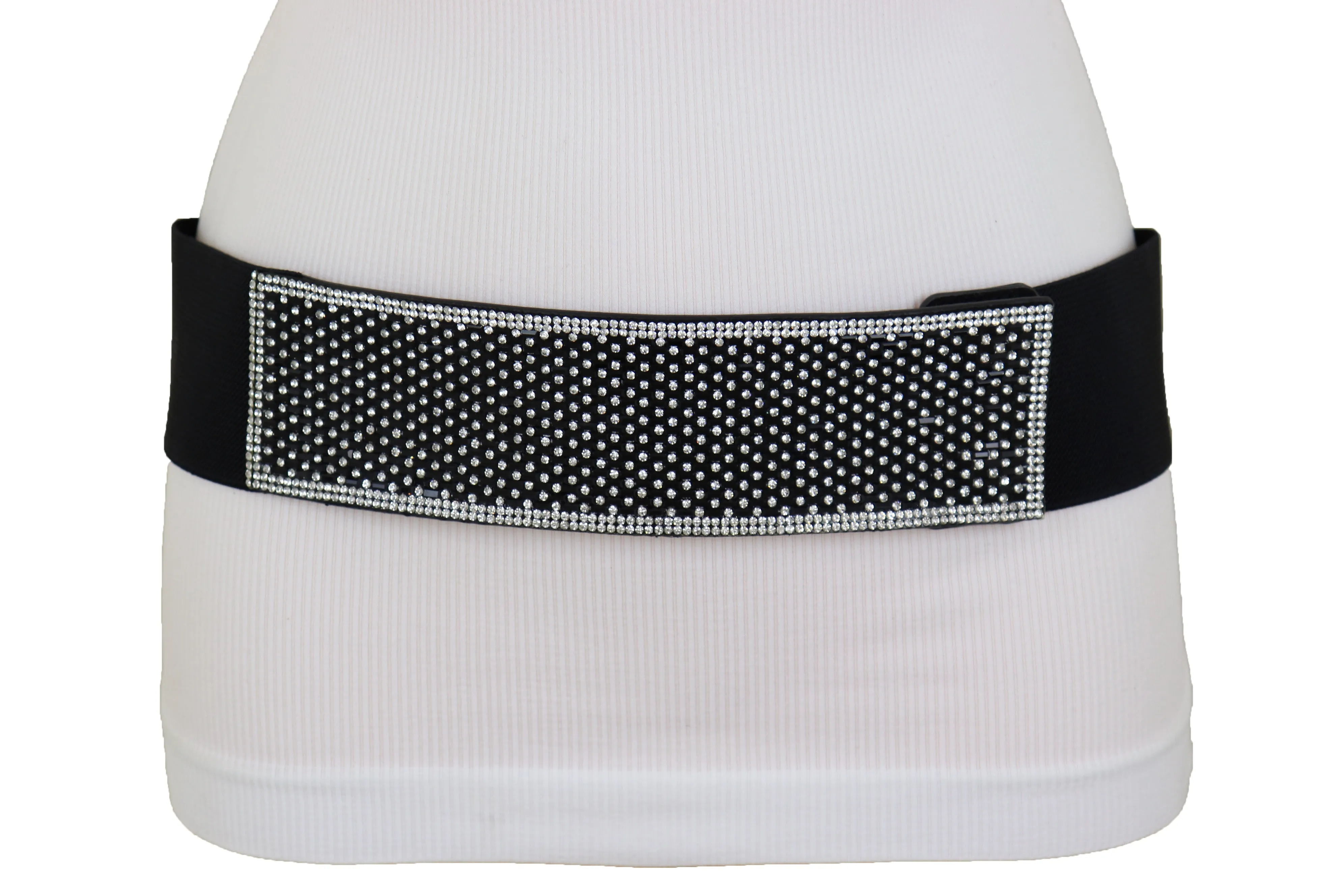 Women Elegant Fashion Belt Black Elastic Waistband Bling Long Plate Buckle Prom Dance Party S M