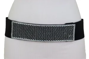 Women Elegant Fashion Belt Black Elastic Waistband Bling Long Plate Buckle Prom Dance Party S M