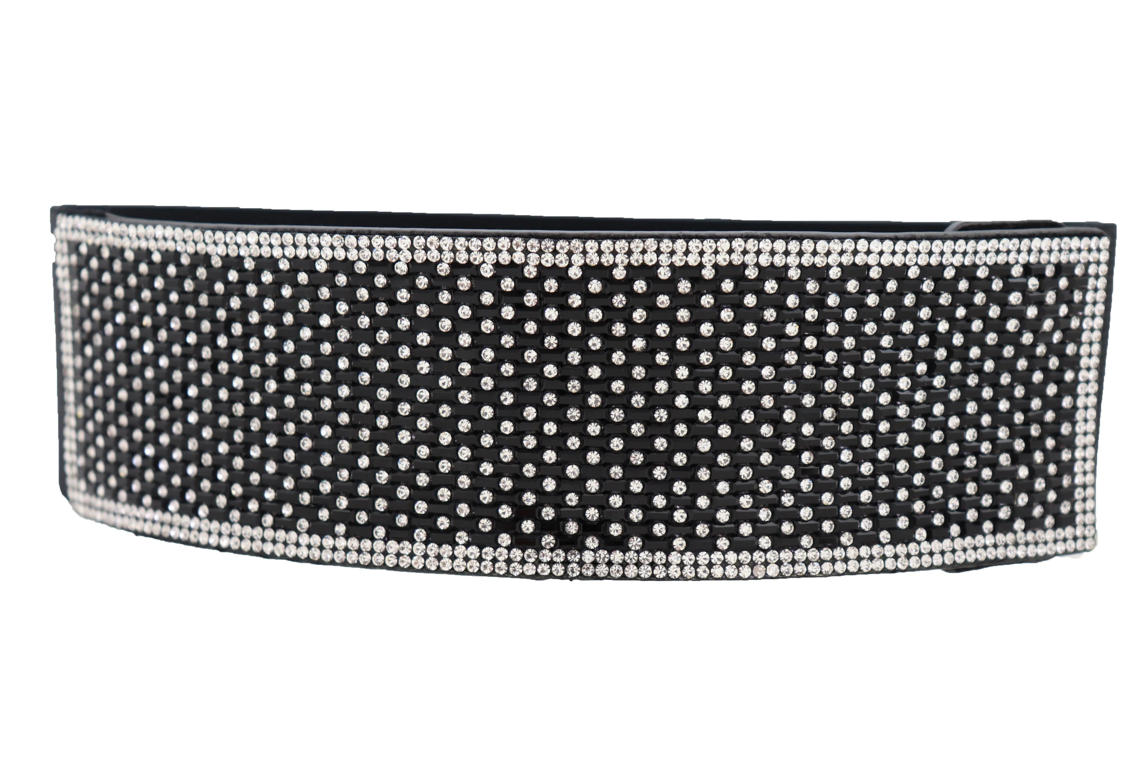 Women Elegant Fashion Belt Black Elastic Waistband Bling Long Plate Buckle Prom Dance Party S M