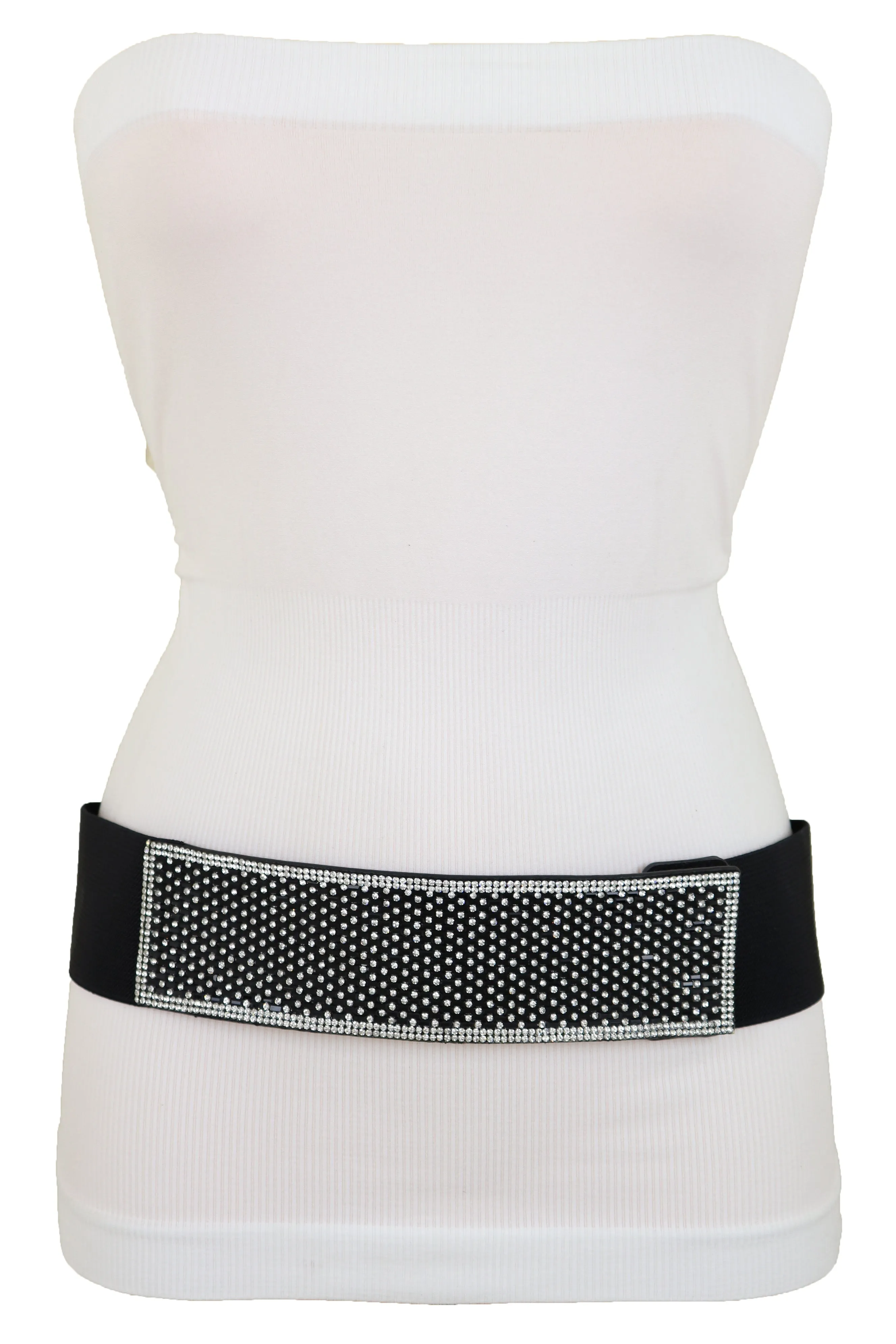 Women Elegant Fashion Belt Black Elastic Waistband Bling Long Plate Buckle Prom Dance Party S M