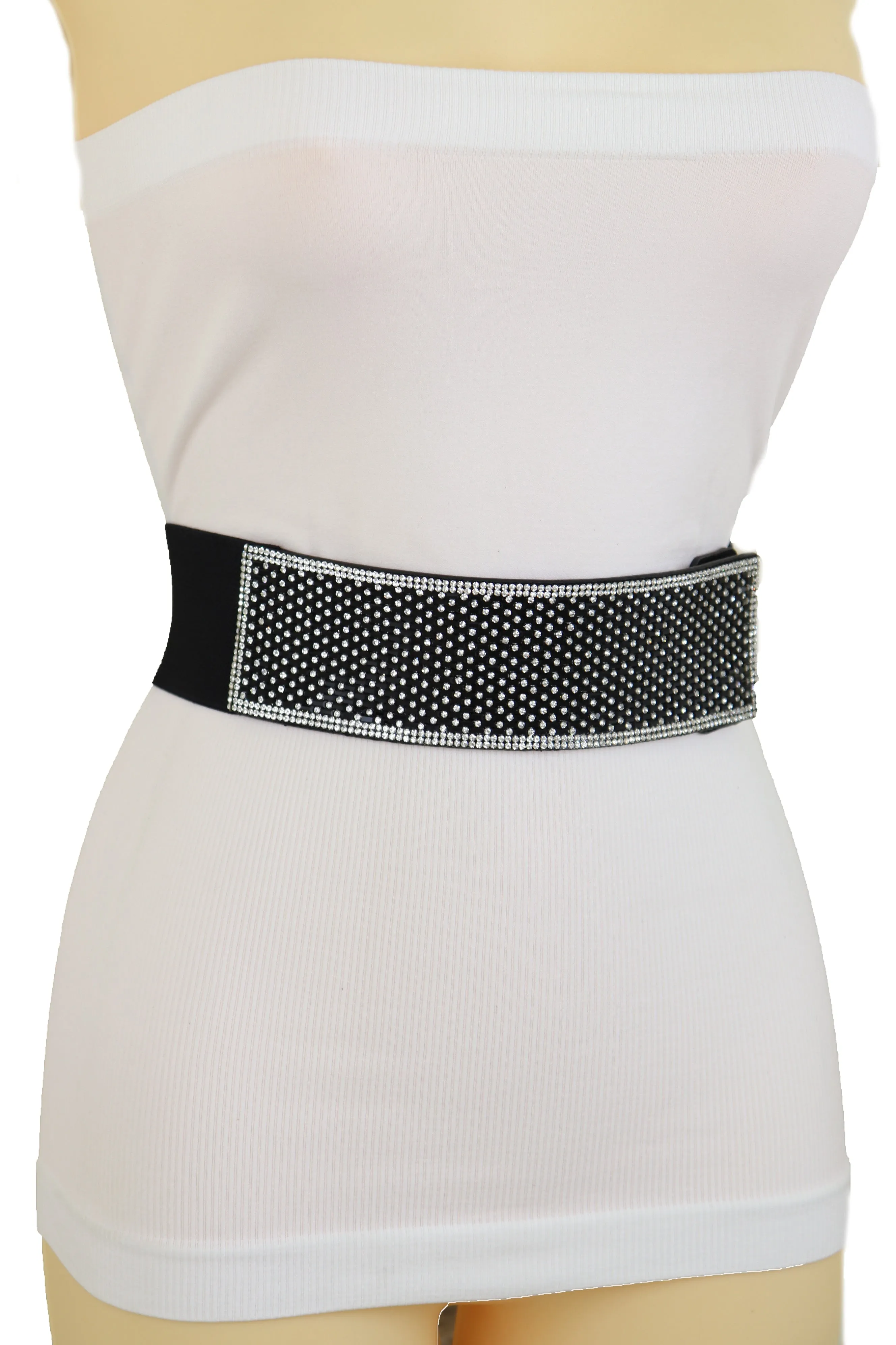 Women Elegant Fashion Belt Black Elastic Waistband Bling Long Plate Buckle Prom Dance Party S M