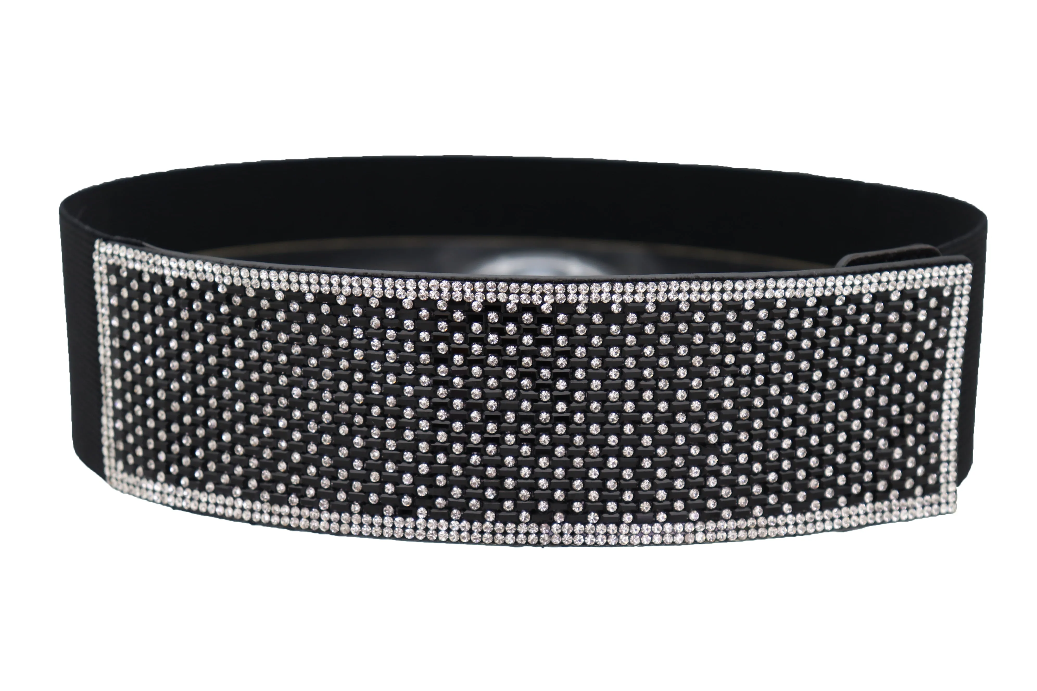 Women Elegant Fashion Belt Black Elastic Waistband Bling Long Plate Buckle Prom Dance Party S M