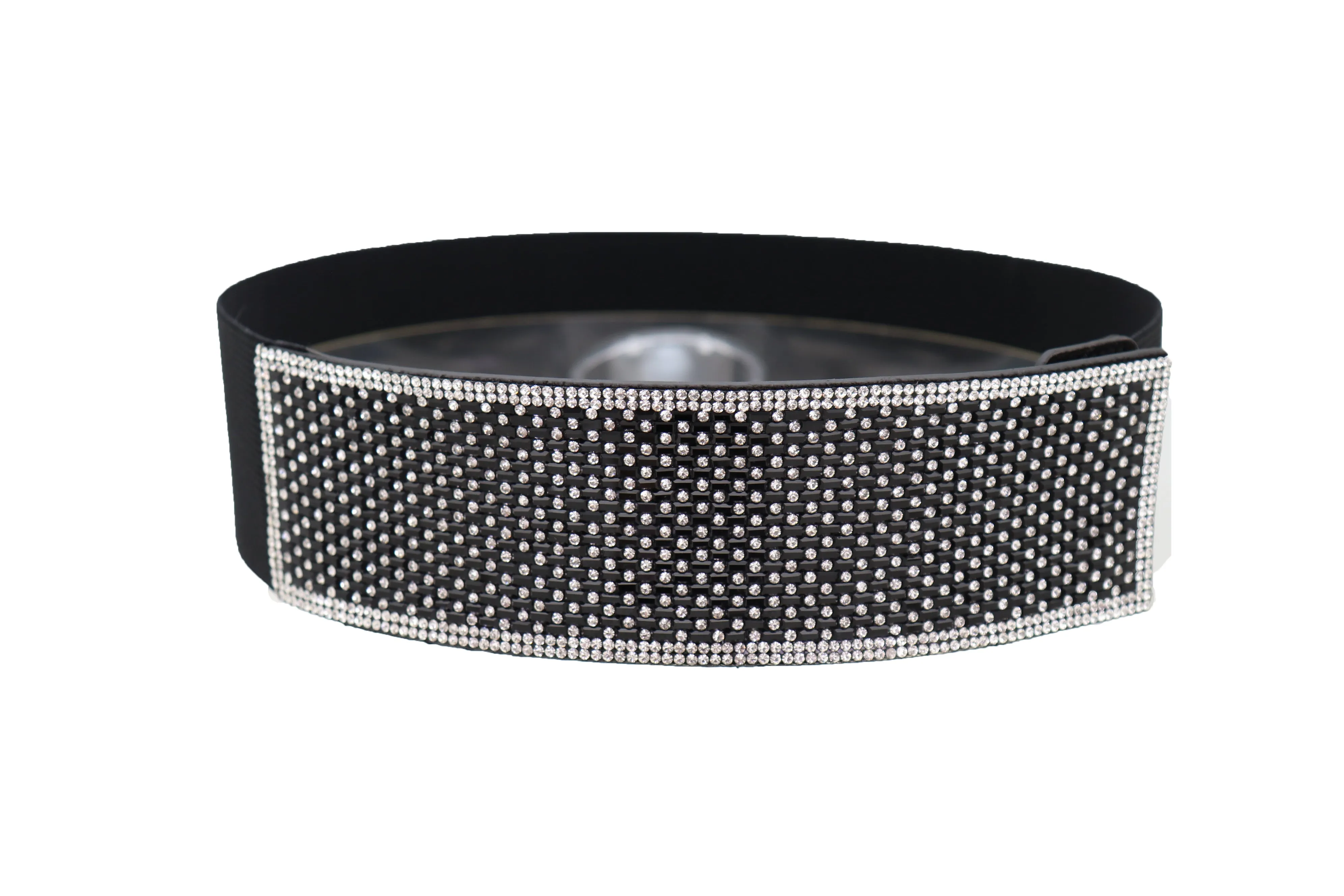 Women Elegant Fashion Belt Black Elastic Waistband Bling Long Plate Buckle Prom Dance Party S M