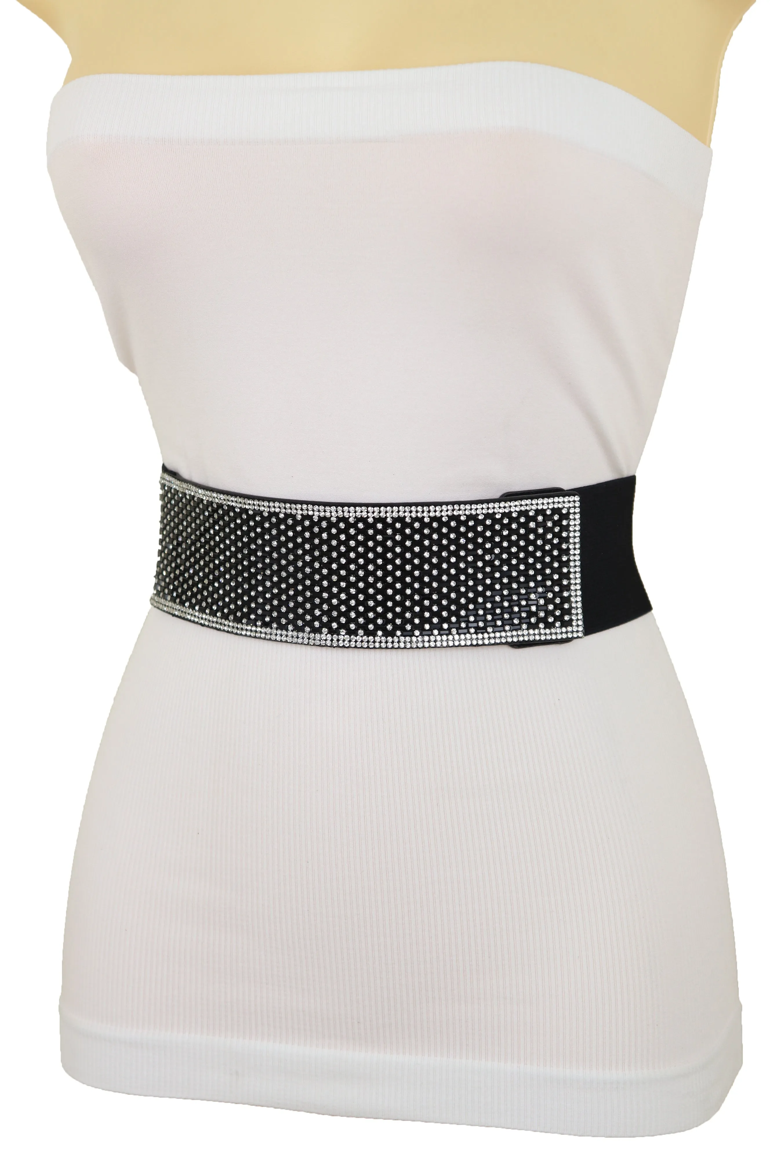Women Elegant Fashion Belt Black Elastic Waistband Bling Long Plate Buckle Prom Dance Party S M