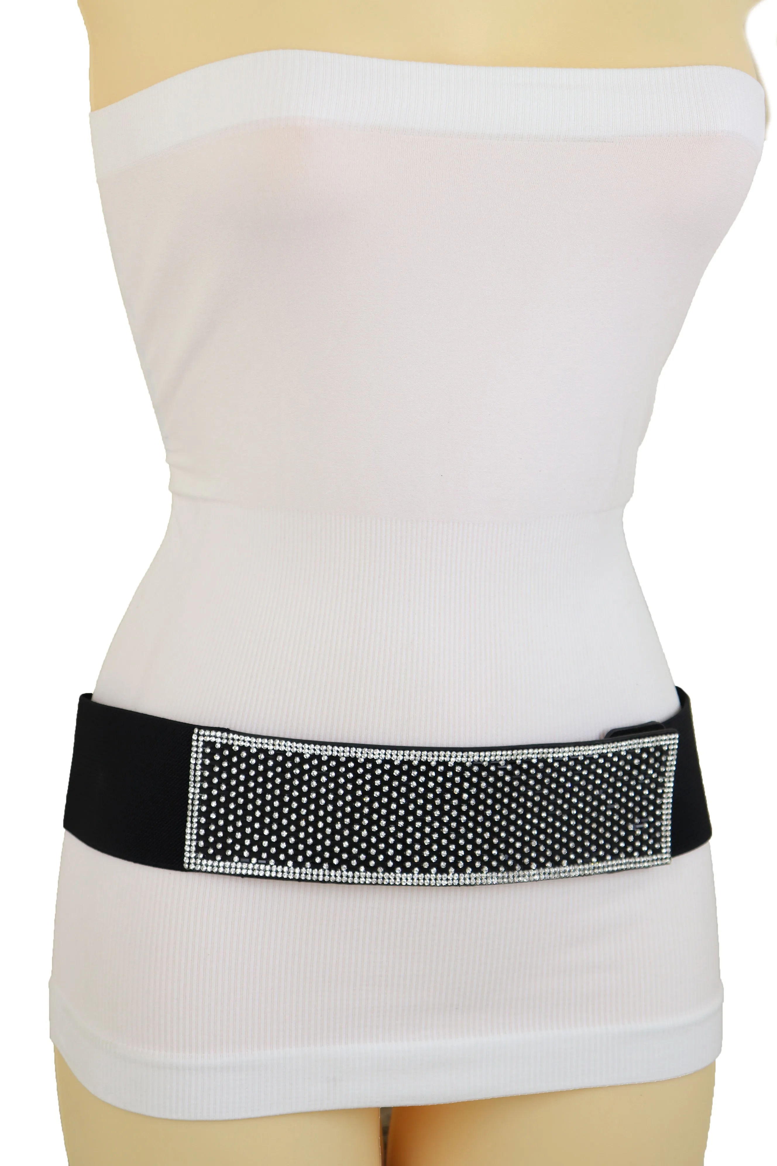 Women Elegant Fashion Belt Black Elastic Waistband Bling Long Plate Buckle Prom Dance Party S M