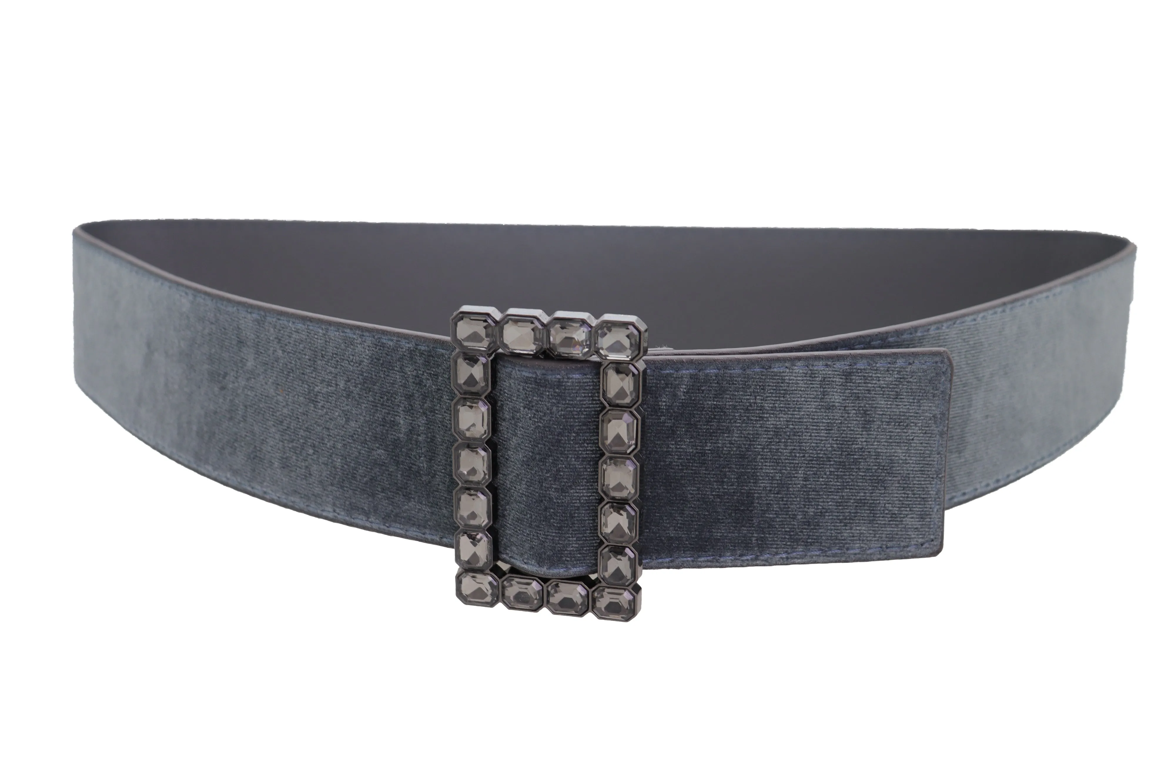 Women Gray Faux Suede Fabric Wide Waistband Belt Bling Square Buckle Size S M