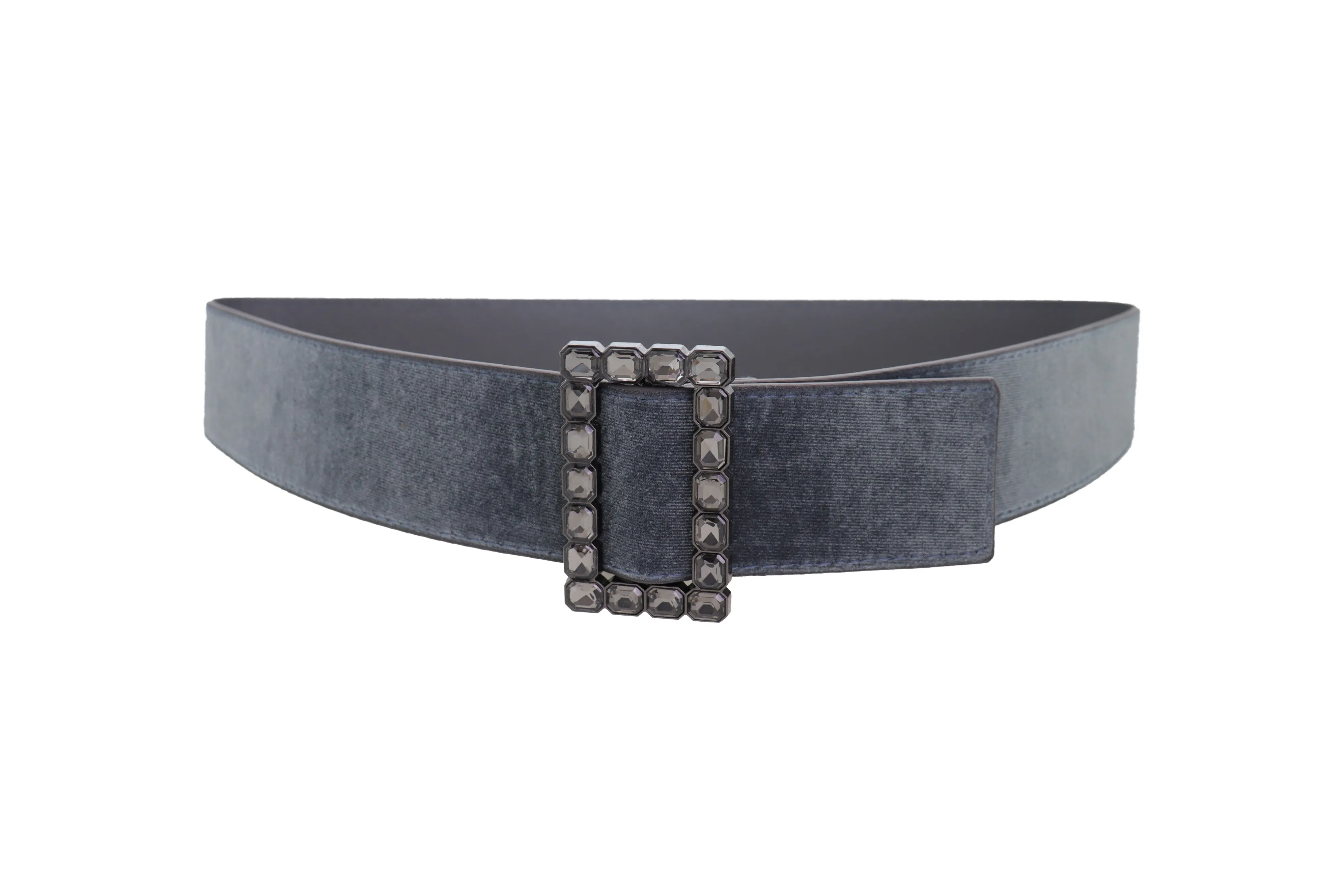 Women Gray Faux Suede Fabric Wide Waistband Belt Bling Square Buckle Size S M