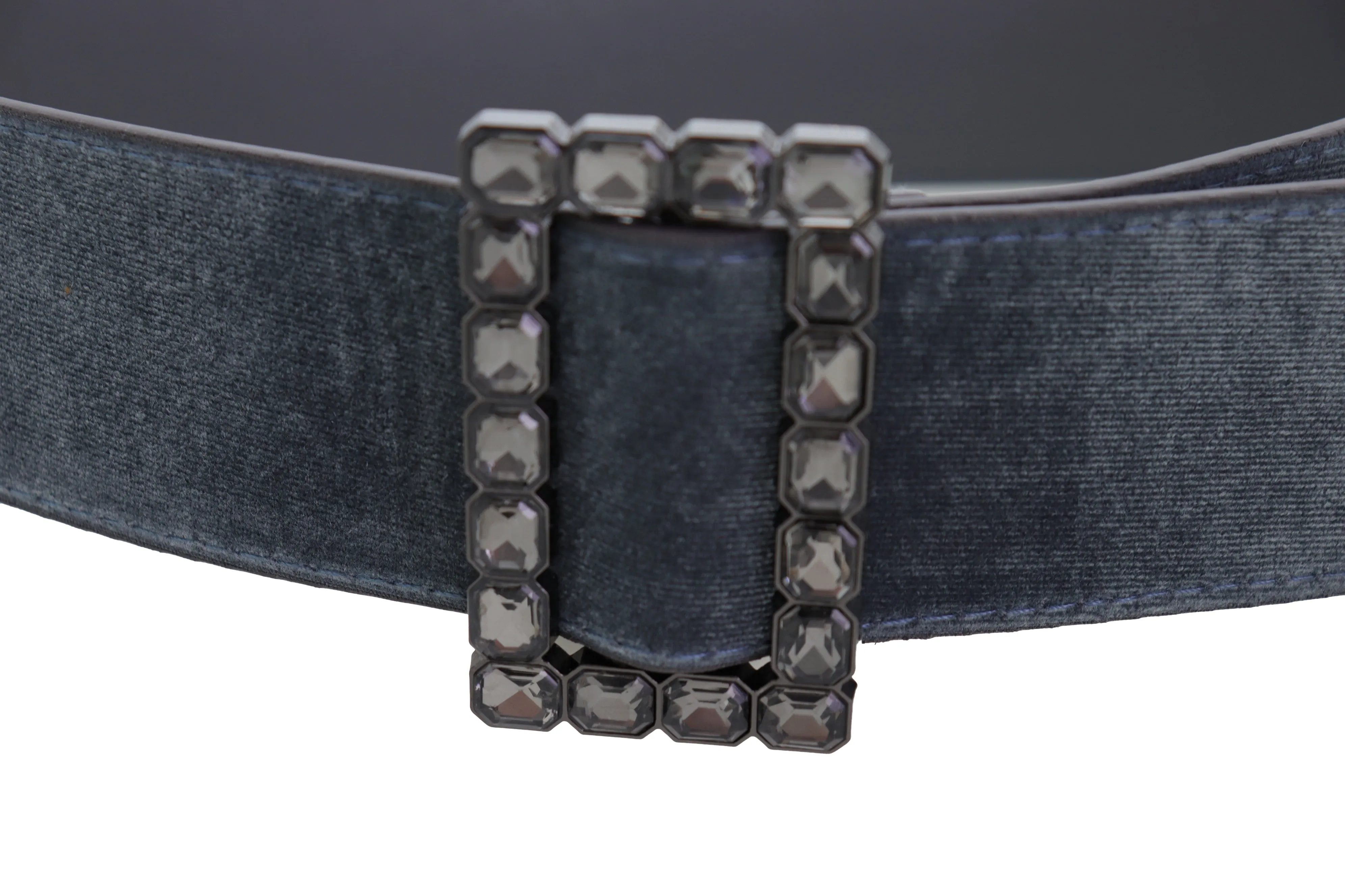 Women Gray Faux Suede Fabric Wide Waistband Belt Bling Square Buckle Size S M