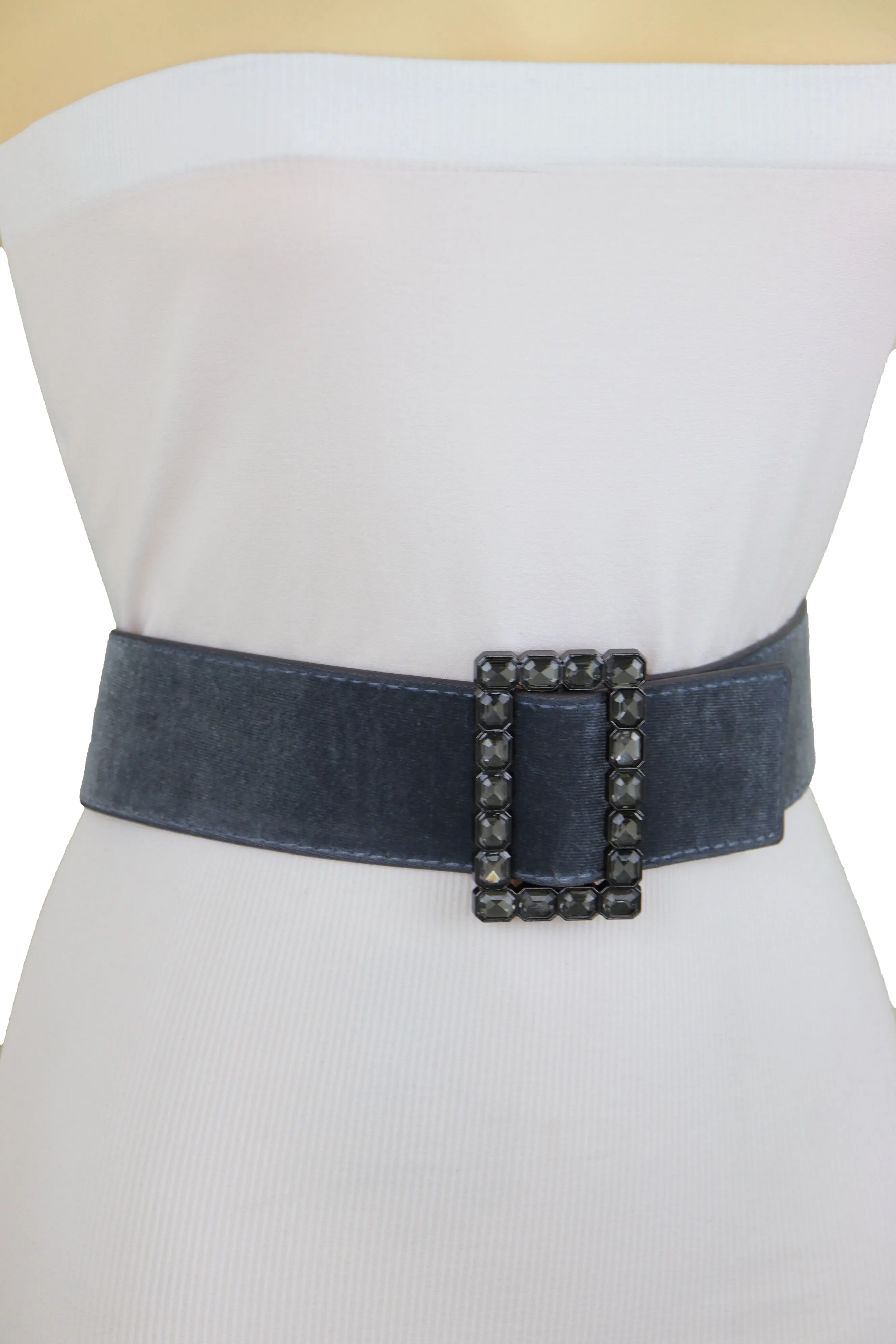 Women Gray Faux Suede Fabric Wide Waistband Belt Bling Square Buckle Size S M