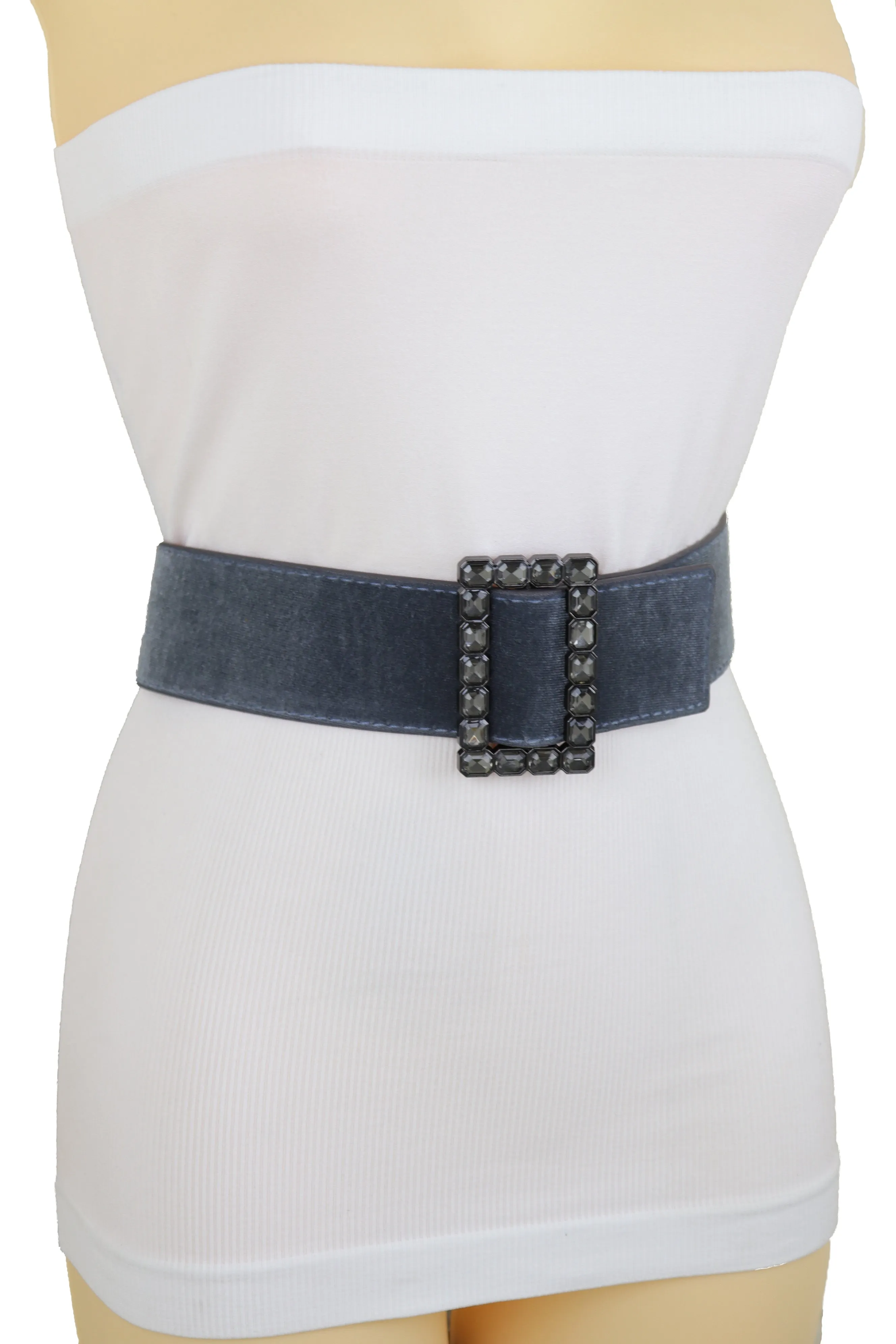 Women Gray Faux Suede Fabric Wide Waistband Belt Bling Square Buckle Size S M