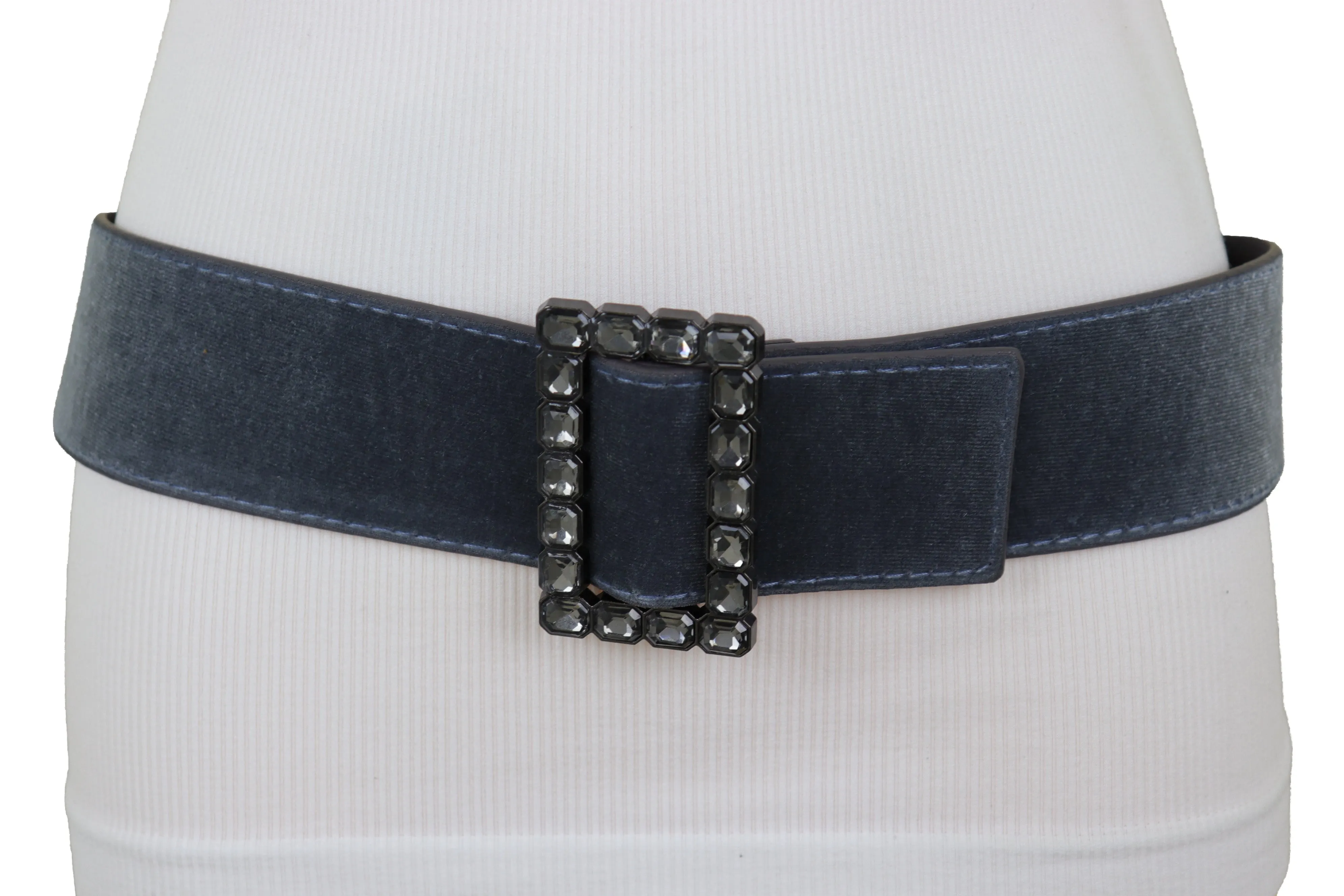 Women Gray Faux Suede Fabric Wide Waistband Belt Bling Square Buckle Size S M