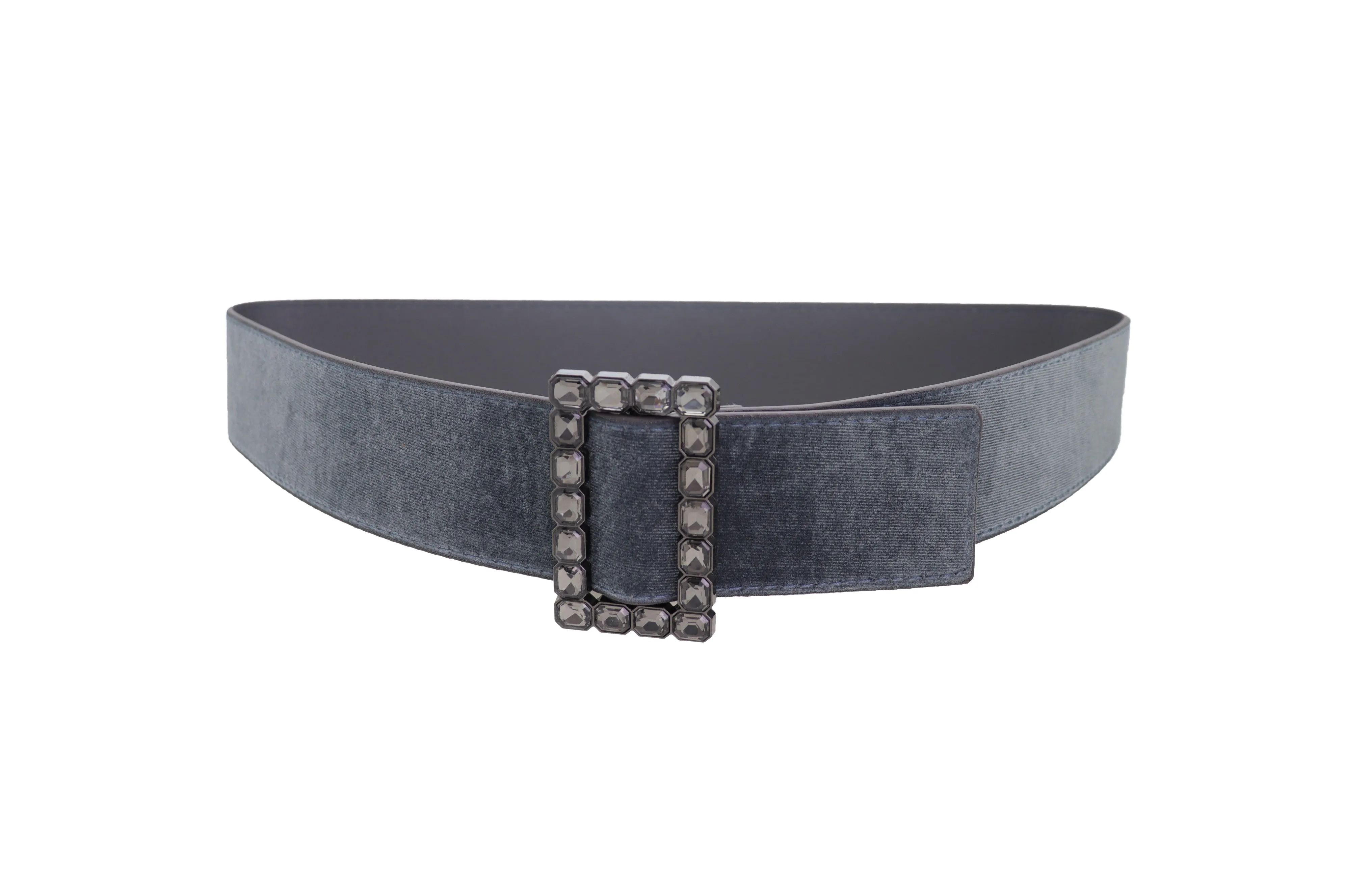 Women Gray Faux Suede Fabric Wide Waistband Belt Bling Square Buckle Size S M