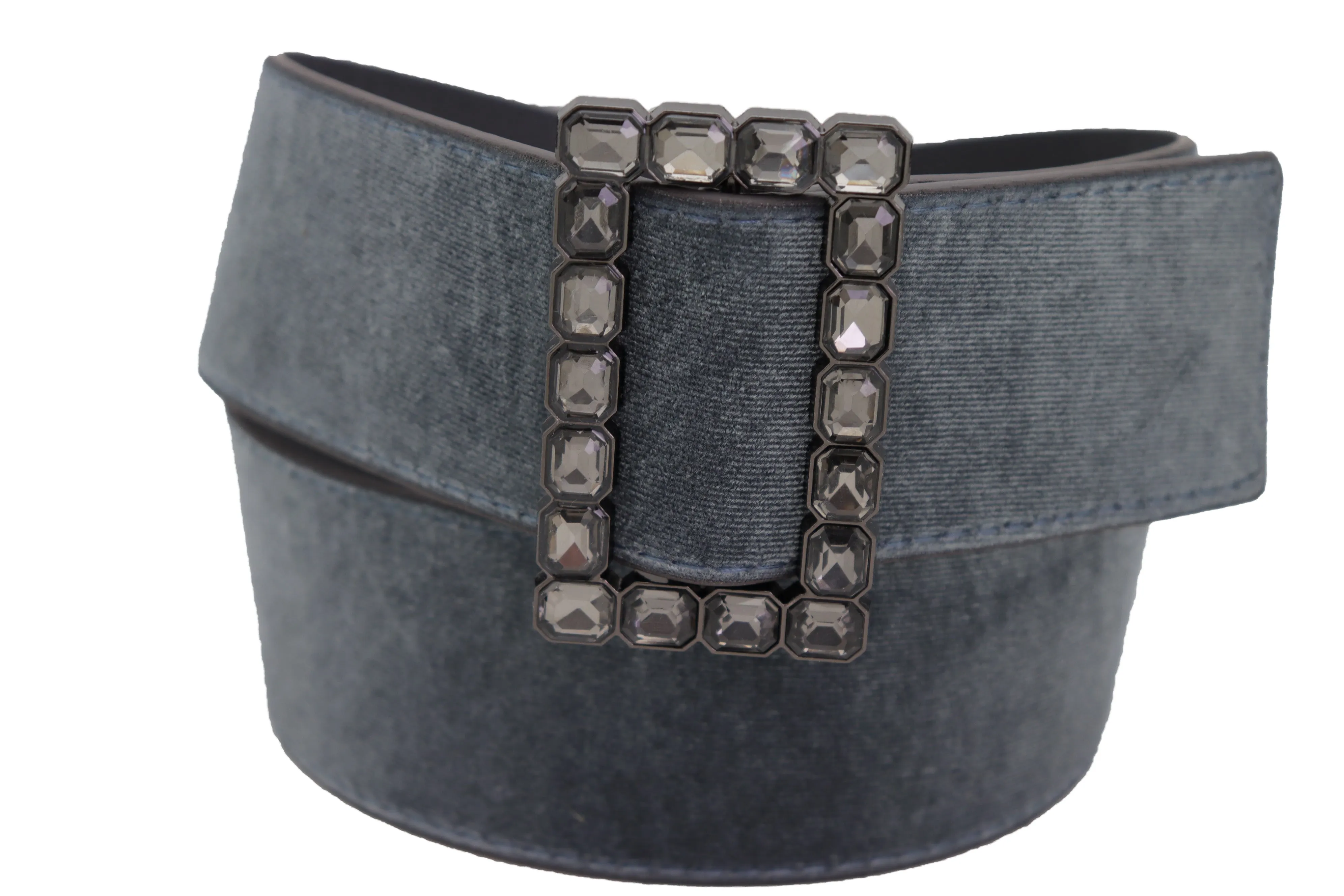 Women Gray Faux Suede Fabric Wide Waistband Belt Bling Square Buckle Size S M