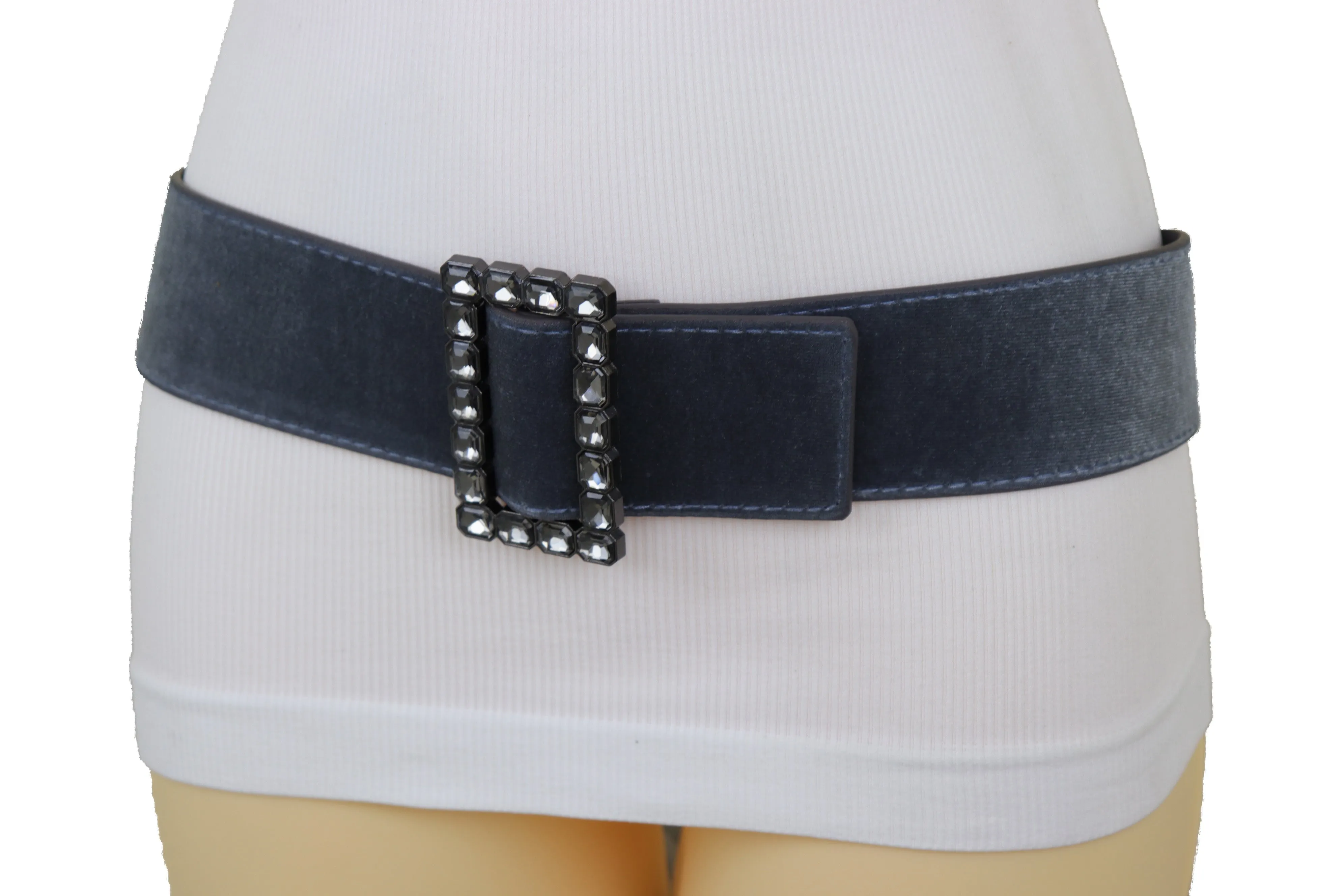 Women Gray Faux Suede Fabric Wide Waistband Belt Bling Square Buckle Size S M