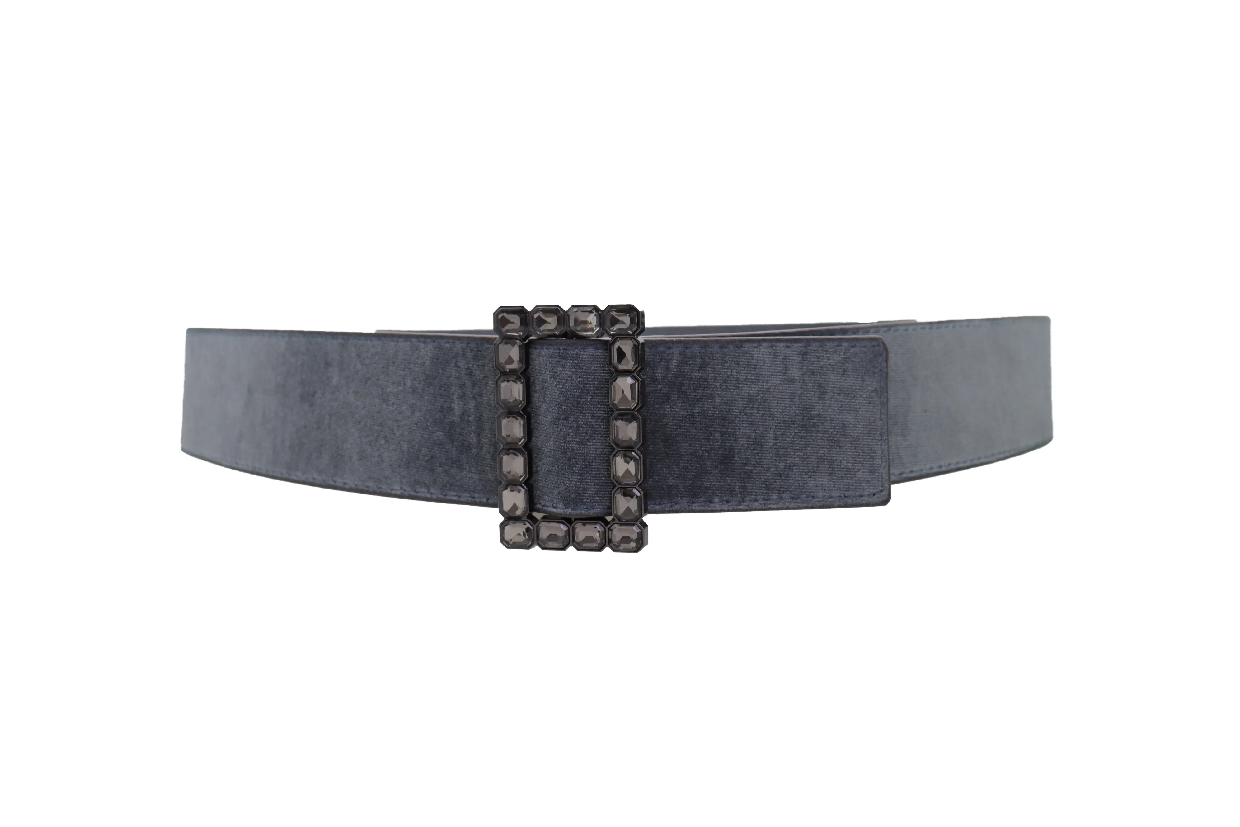 Women Gray Faux Suede Fabric Wide Waistband Belt Bling Square Buckle Size S M