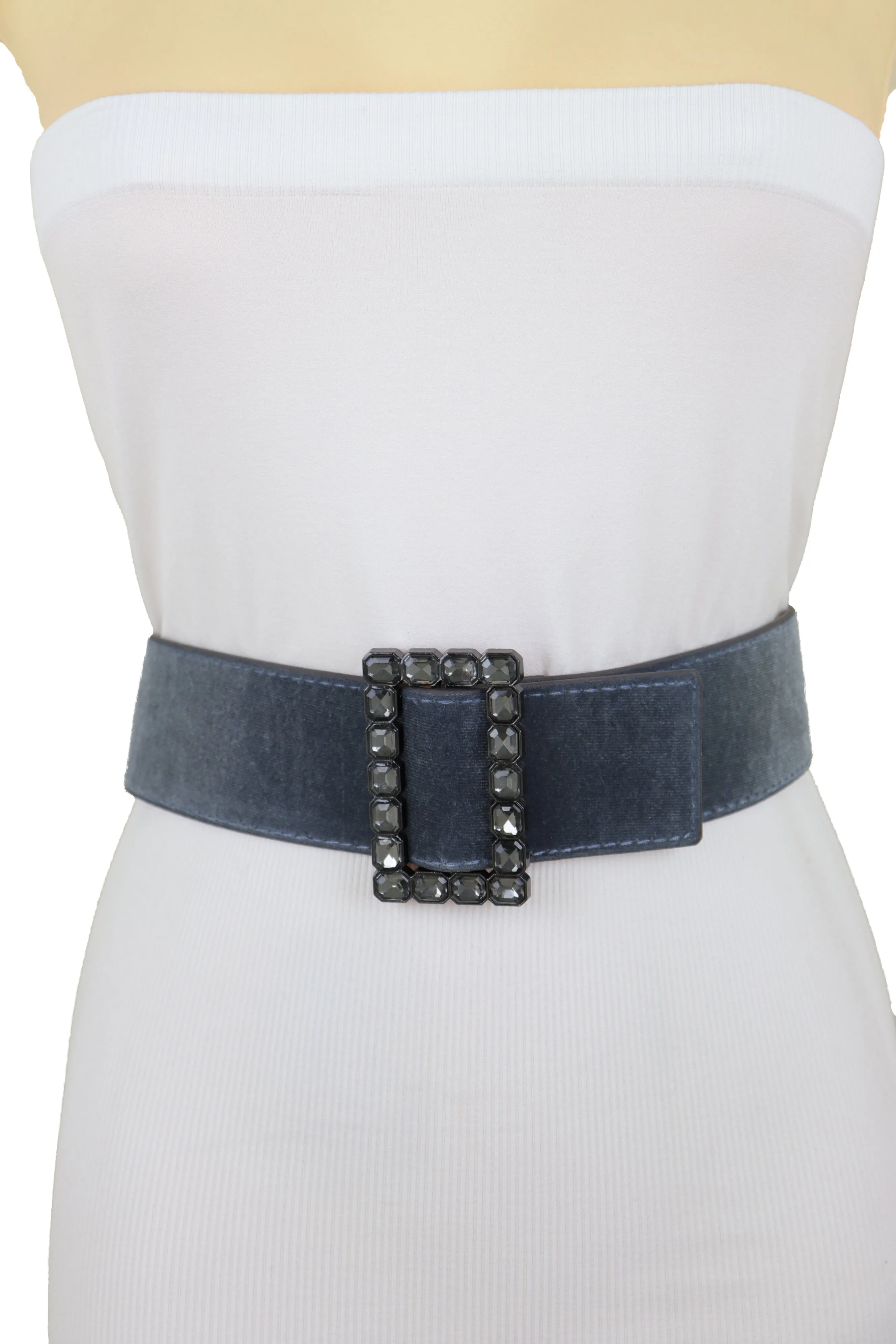 Women Gray Faux Suede Fabric Wide Waistband Belt Bling Square Buckle Size S M