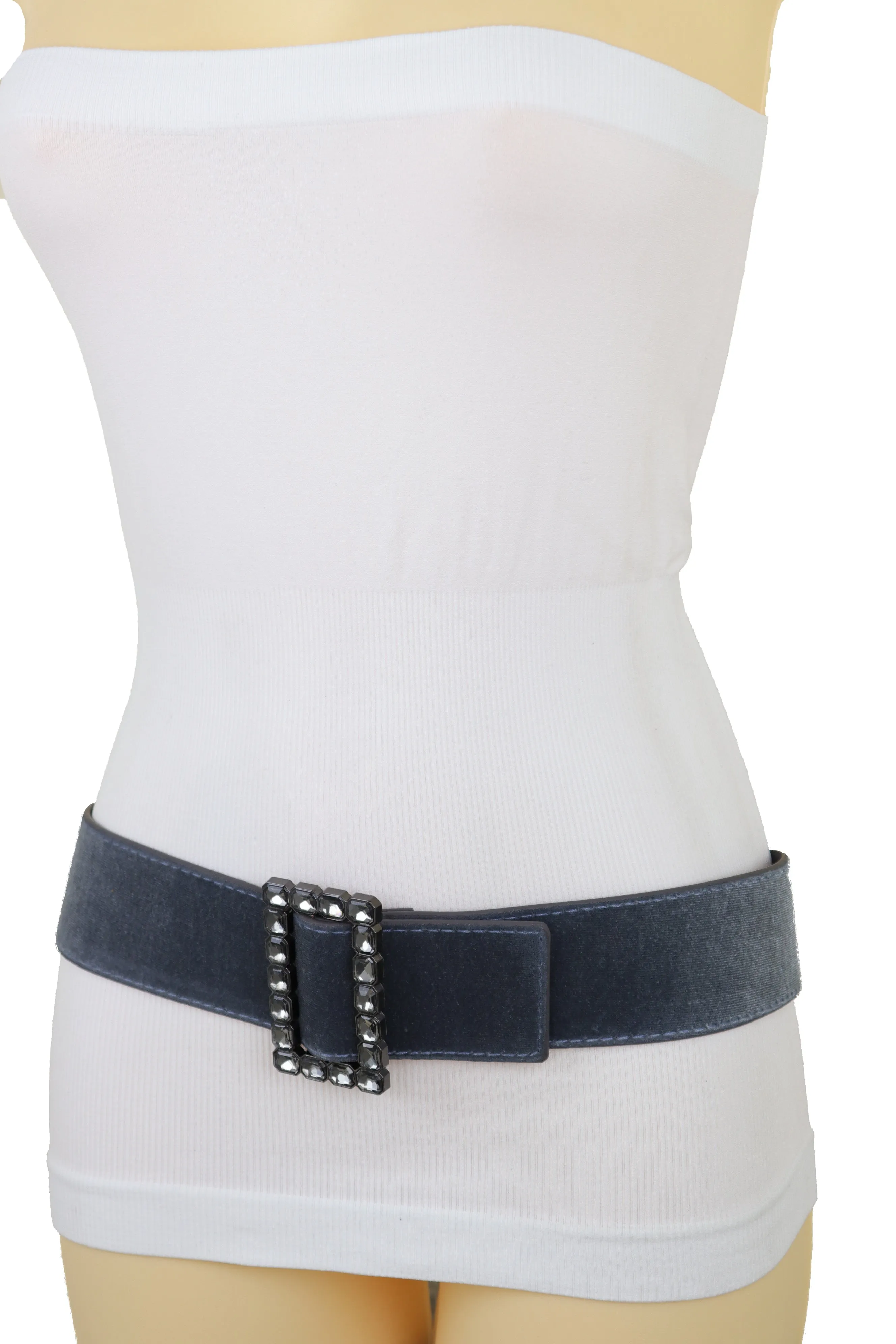 Women Gray Faux Suede Fabric Wide Waistband Belt Bling Square Buckle Size S M