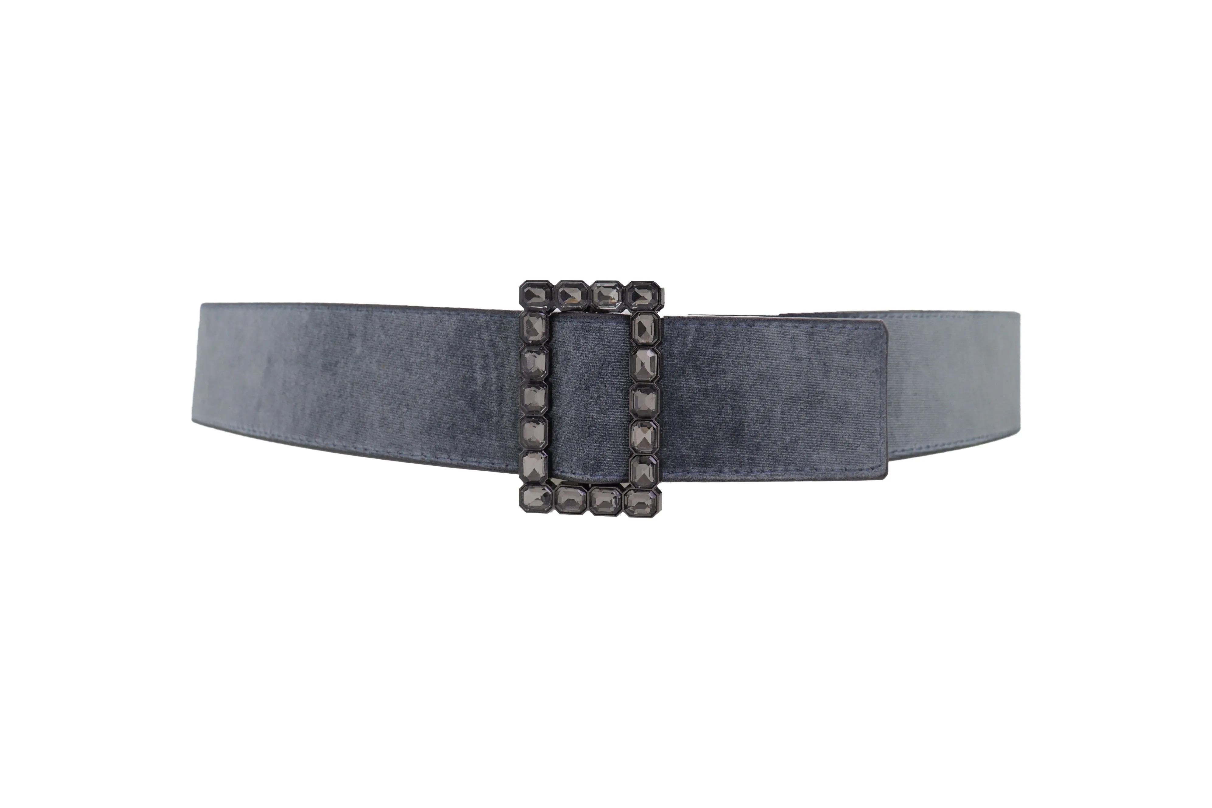 Women Gray Faux Suede Fabric Wide Waistband Belt Bling Square Buckle Size S M