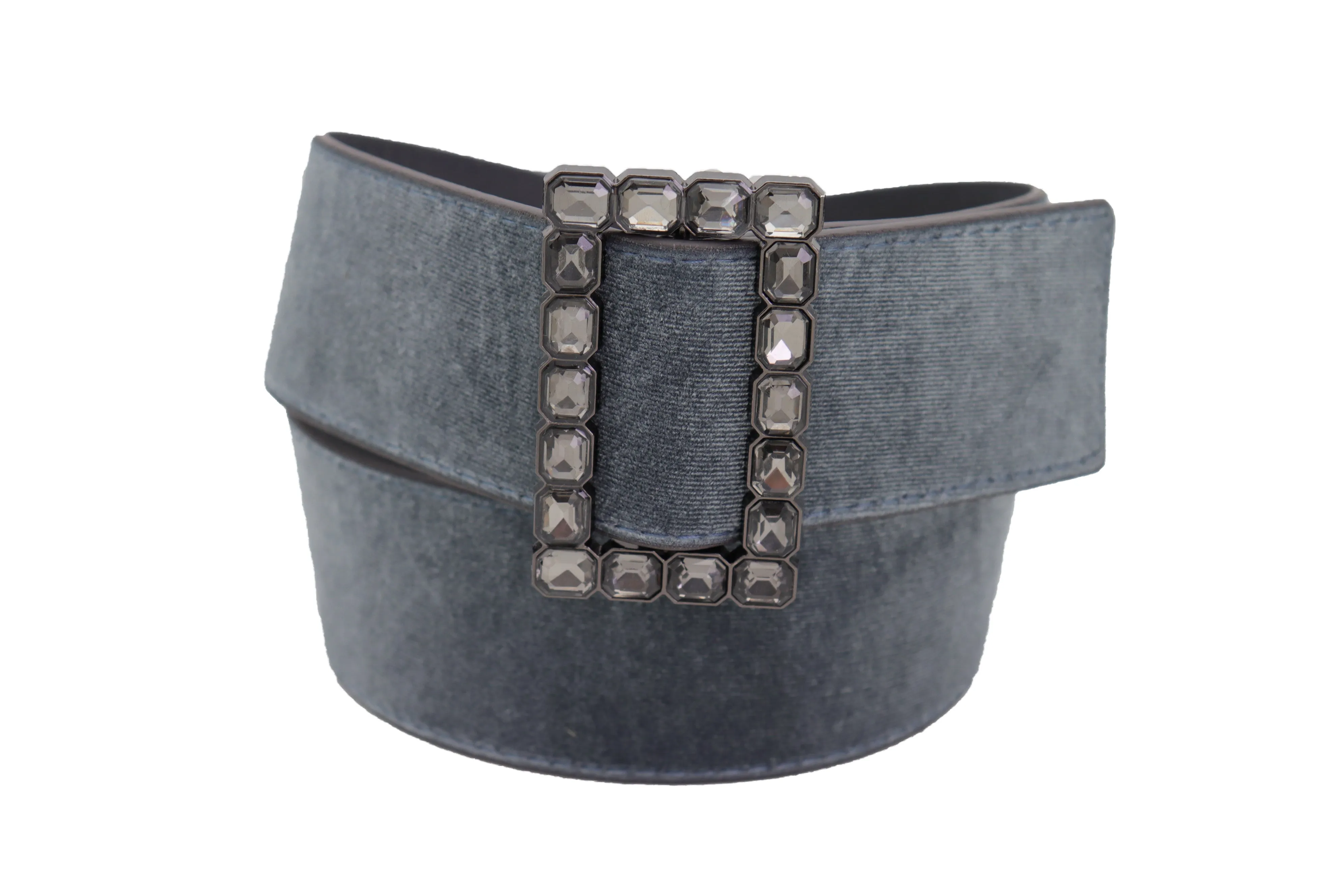 Women Gray Faux Suede Fabric Wide Waistband Belt Bling Square Buckle Size S M