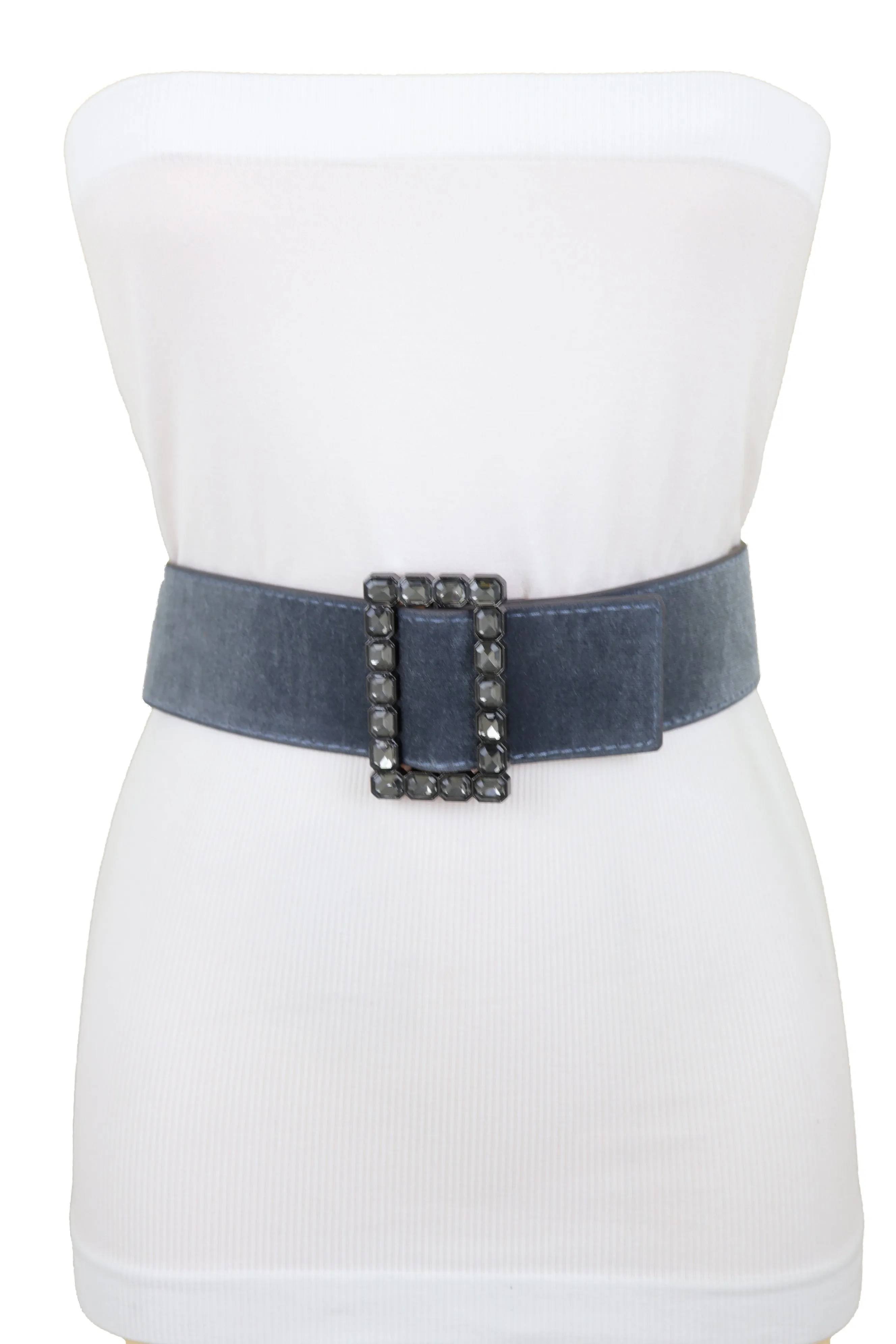 Women Gray Faux Suede Fabric Wide Waistband Belt Bling Square Buckle Size S M