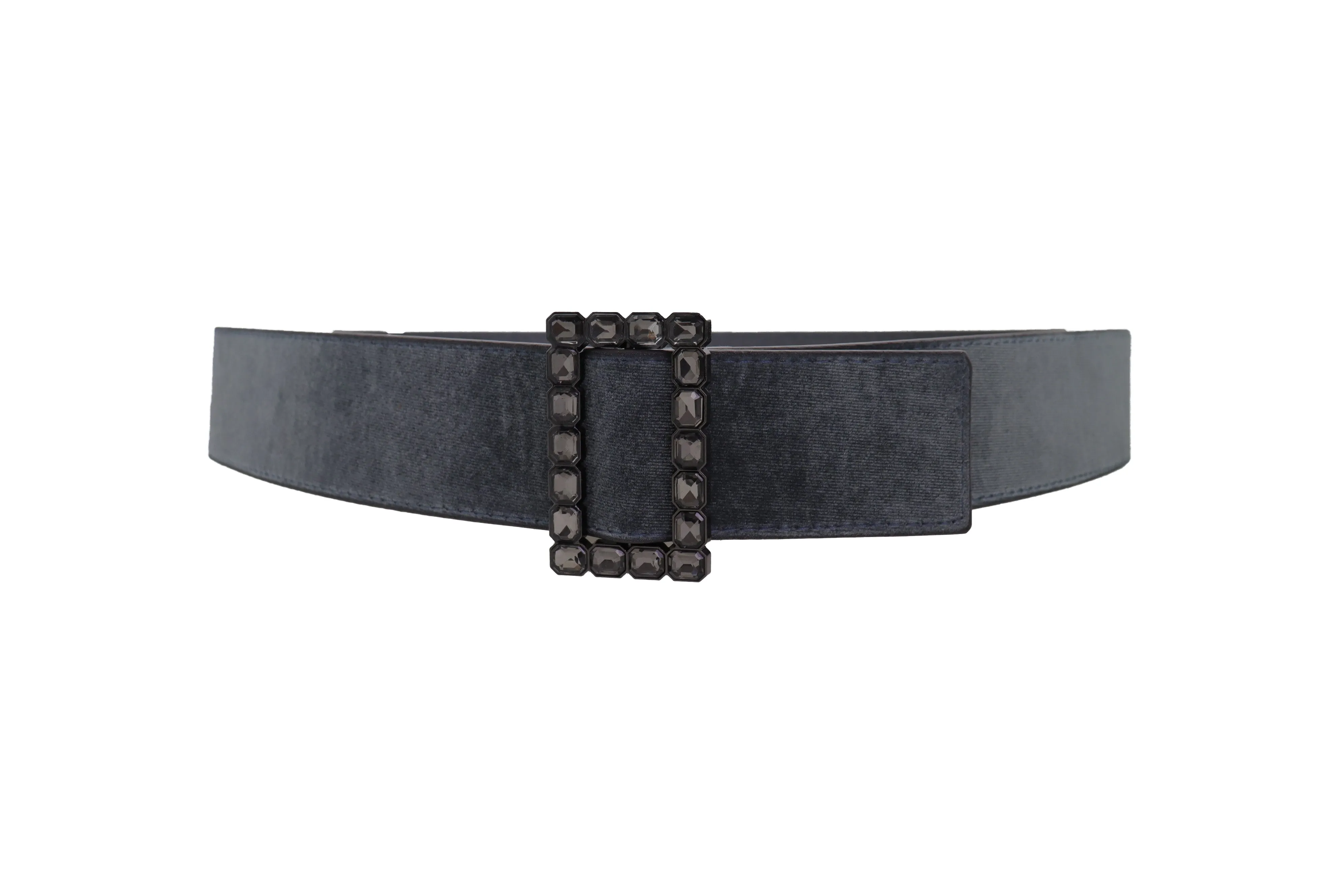 Women Gray Faux Suede Fabric Wide Waistband Belt Bling Square Buckle Size S M