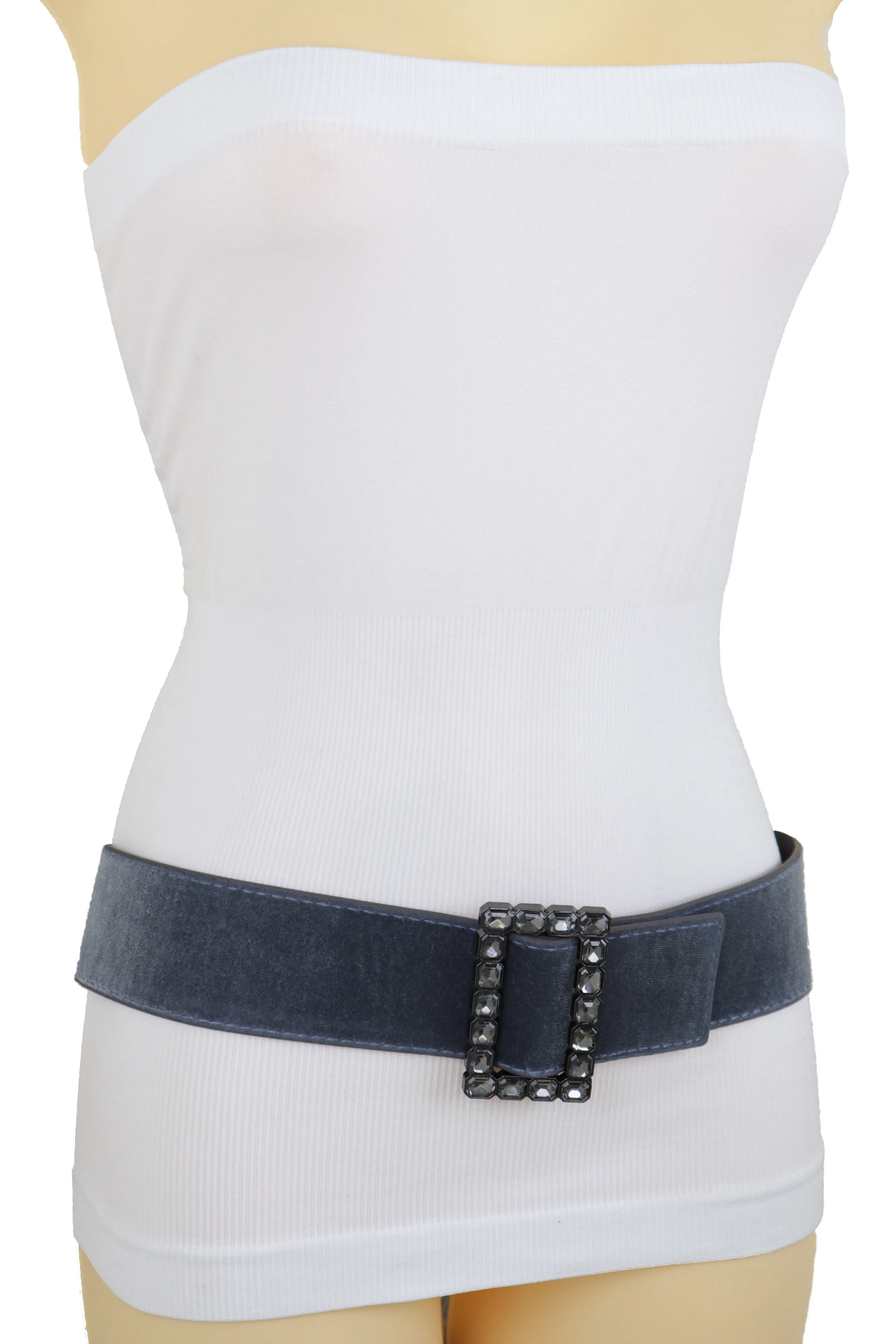 Women Gray Faux Suede Fabric Wide Waistband Belt Bling Square Buckle Size S M