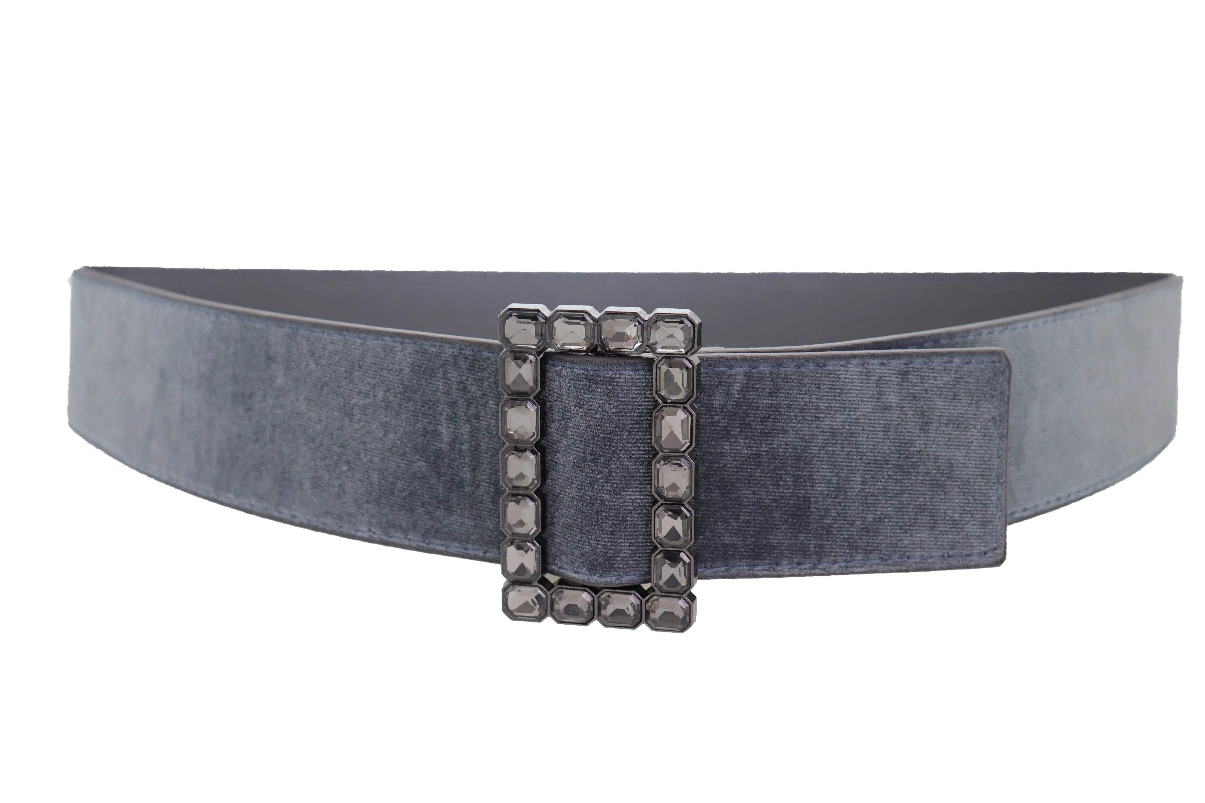 Women Gray Faux Suede Fabric Wide Waistband Belt Bling Square Buckle Size S M