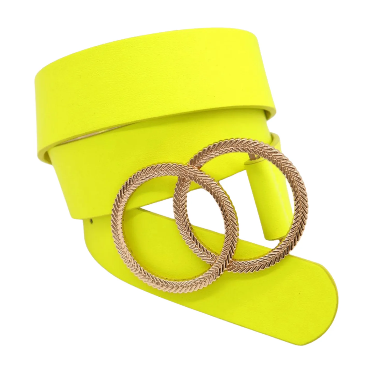 Women Neon Bright Yellow Faux Leather Band Belt Gold Metal Circle Buckle M L