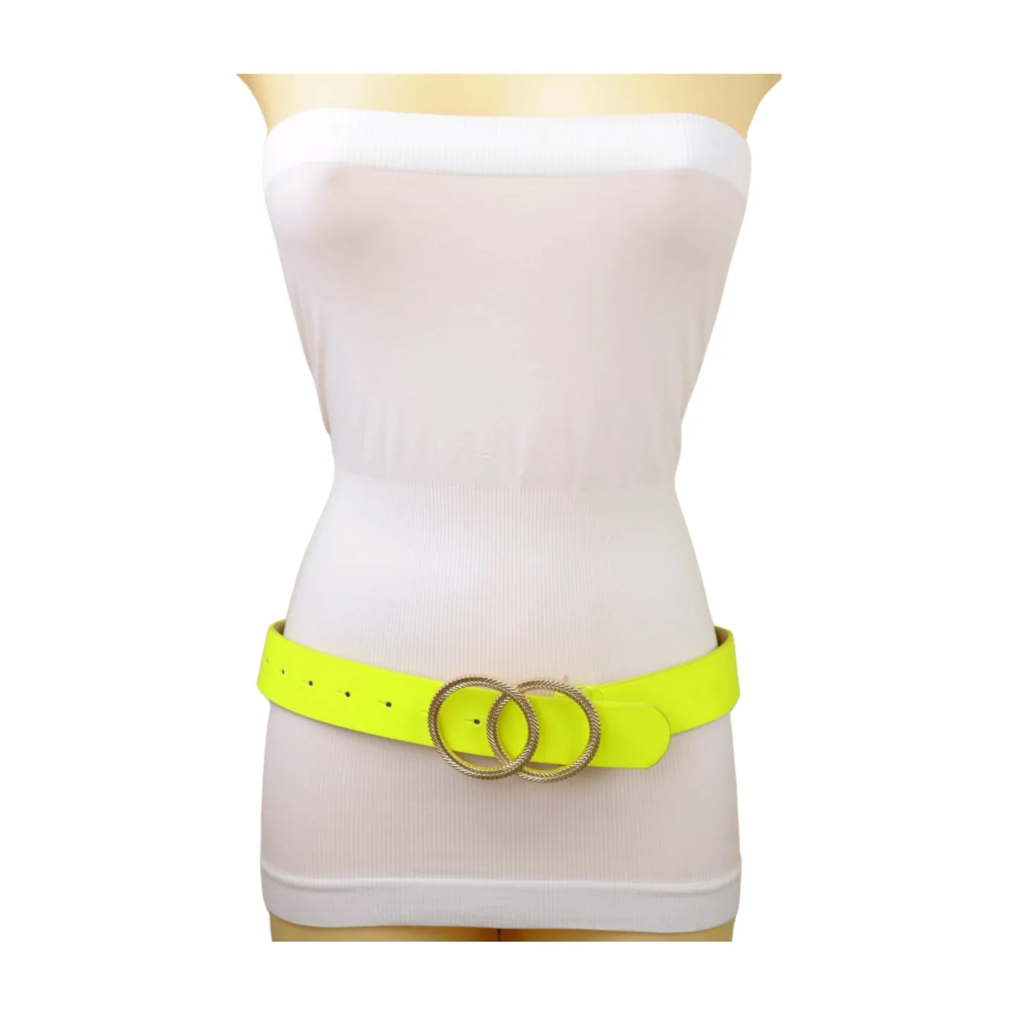 Women Neon Bright Yellow Faux Leather Band Belt Gold Metal Circle Buckle M L