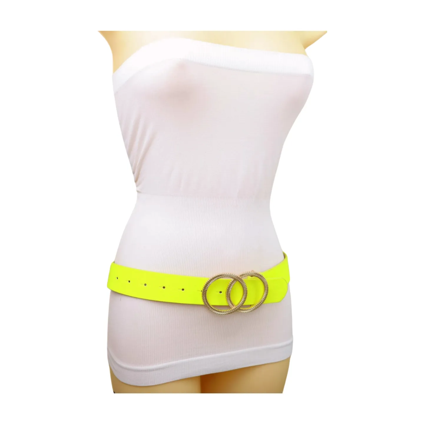 Women Neon Bright Yellow Faux Leather Band Belt Gold Metal Circle Buckle M L