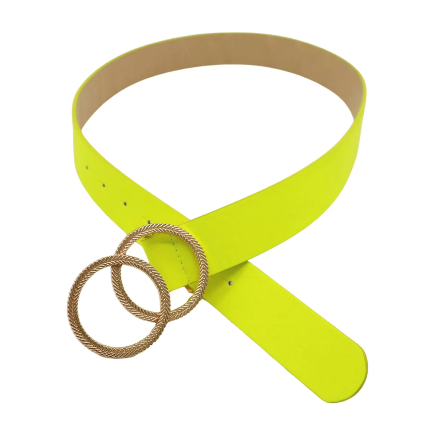 Women Neon Bright Yellow Faux Leather Band Belt Gold Metal Circle Buckle M L