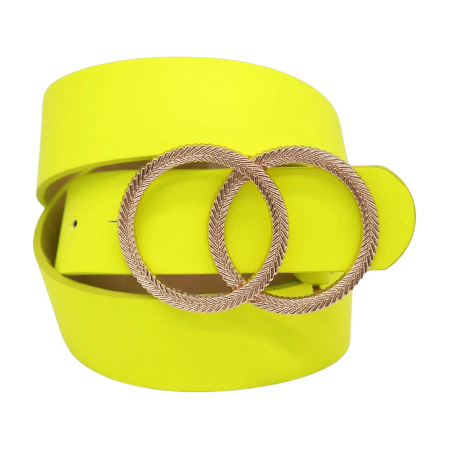 Women Neon Bright Yellow Faux Leather Band Belt Gold Metal Circle Buckle M L