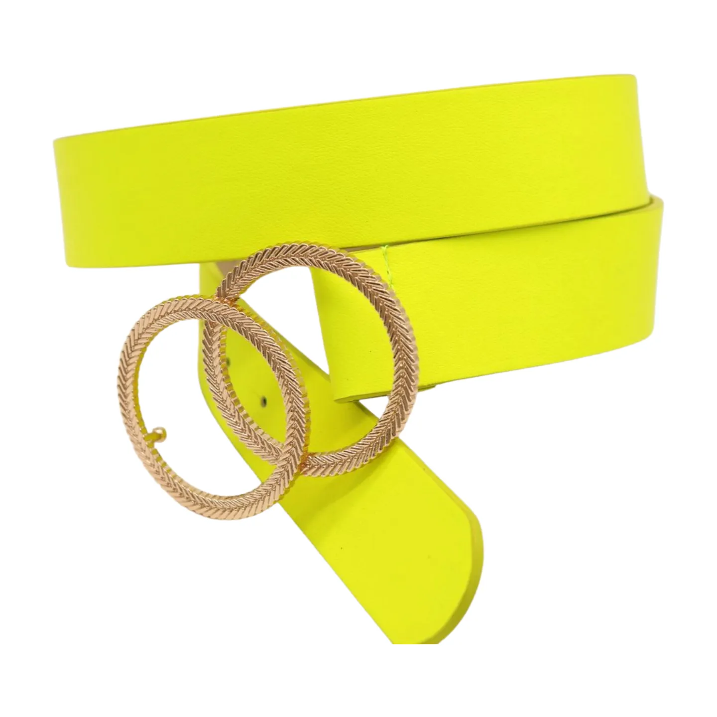Women Neon Bright Yellow Faux Leather Band Belt Gold Metal Circle Buckle M L