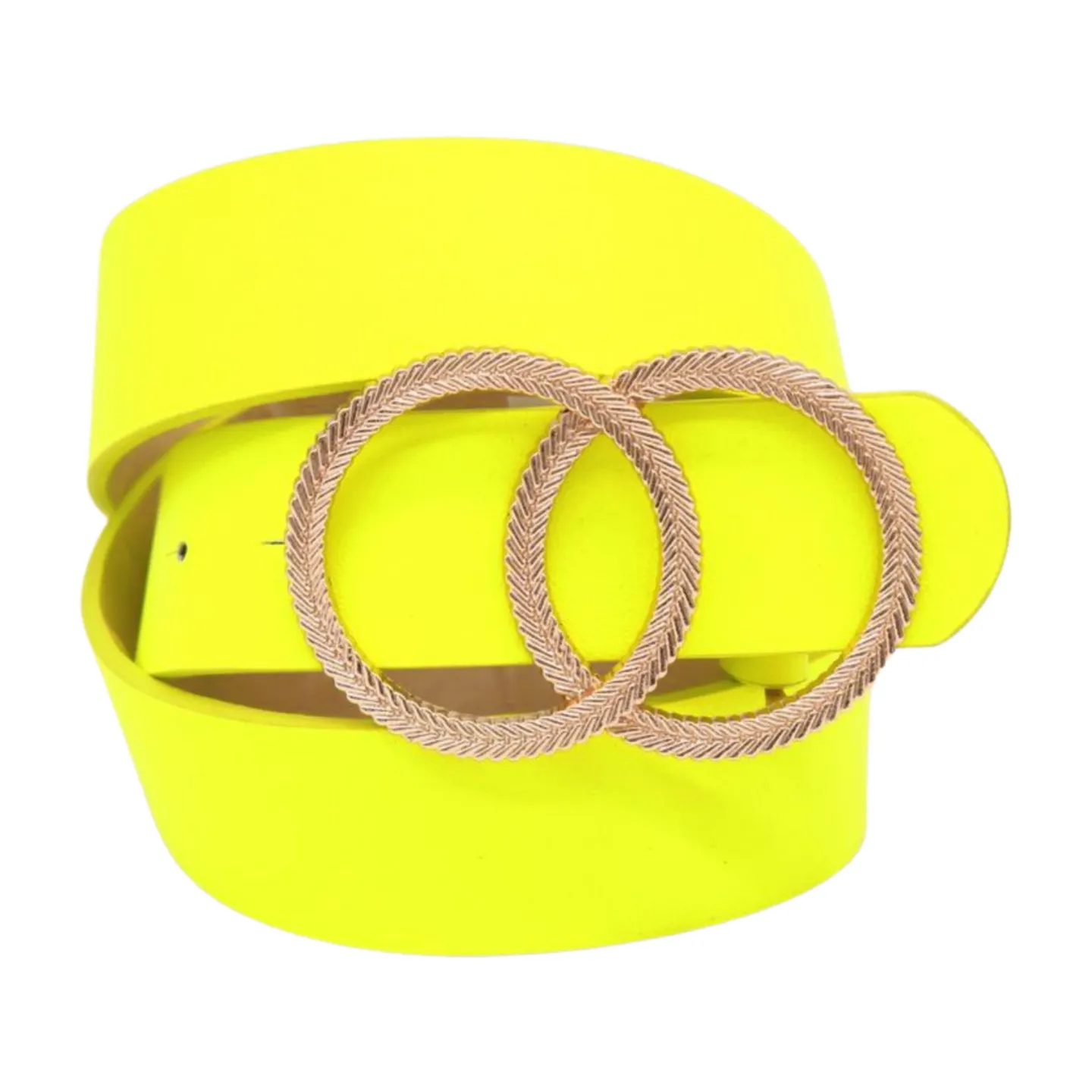 Women Neon Bright Yellow Faux Leather Band Belt Gold Metal Circle Buckle M L