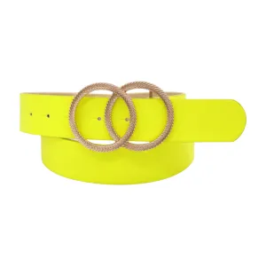 Women Neon Bright Yellow Faux Leather Band Belt Gold Metal Circle Buckle M L