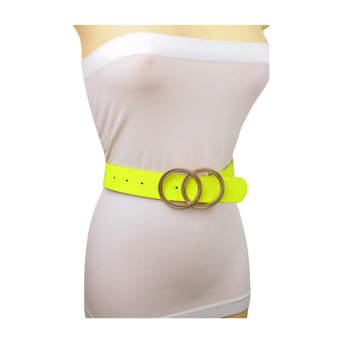 Women Neon Bright Yellow Faux Leather Band Belt Gold Metal Circle Buckle M L