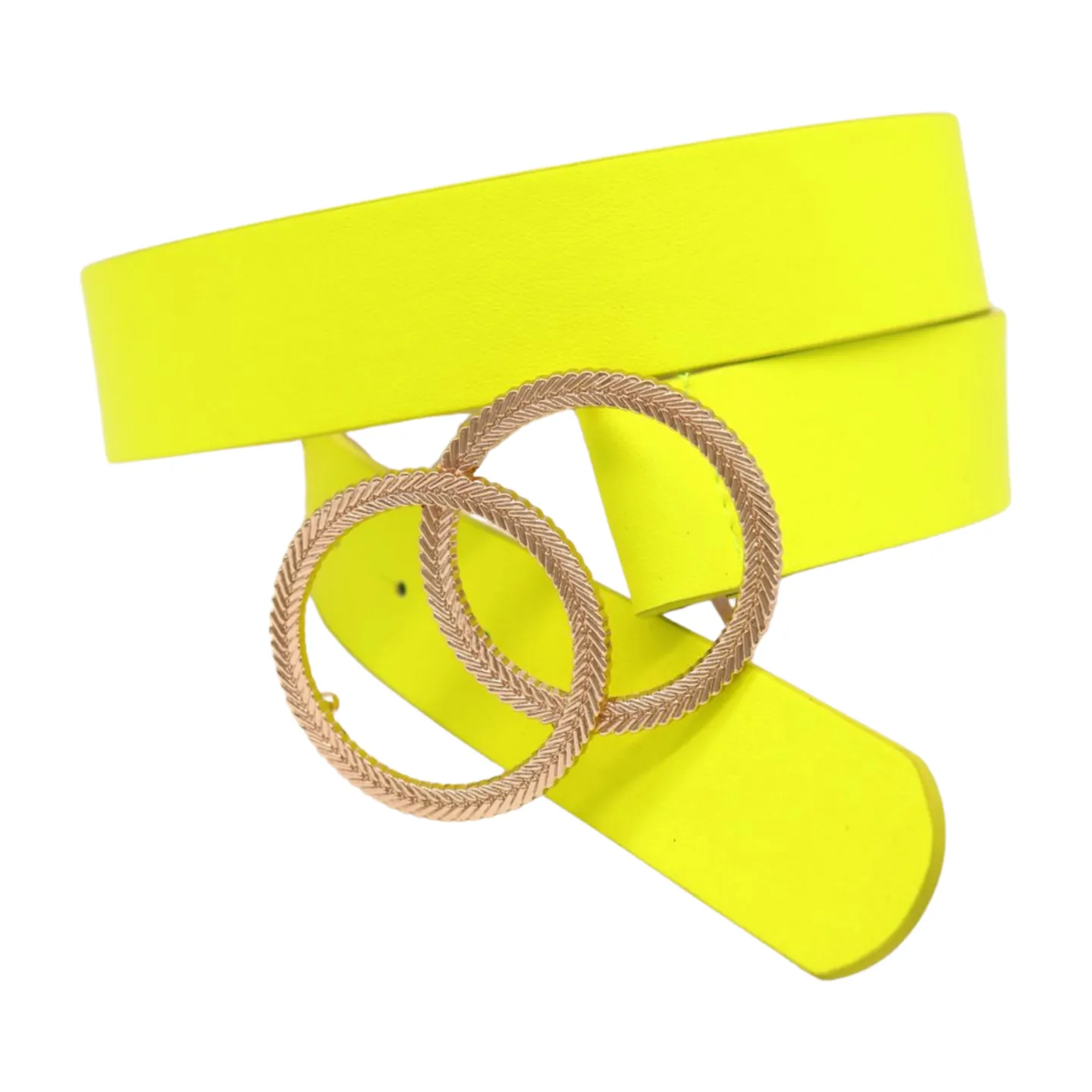 Women Neon Bright Yellow Faux Leather Band Belt Gold Metal Circle Buckle M L