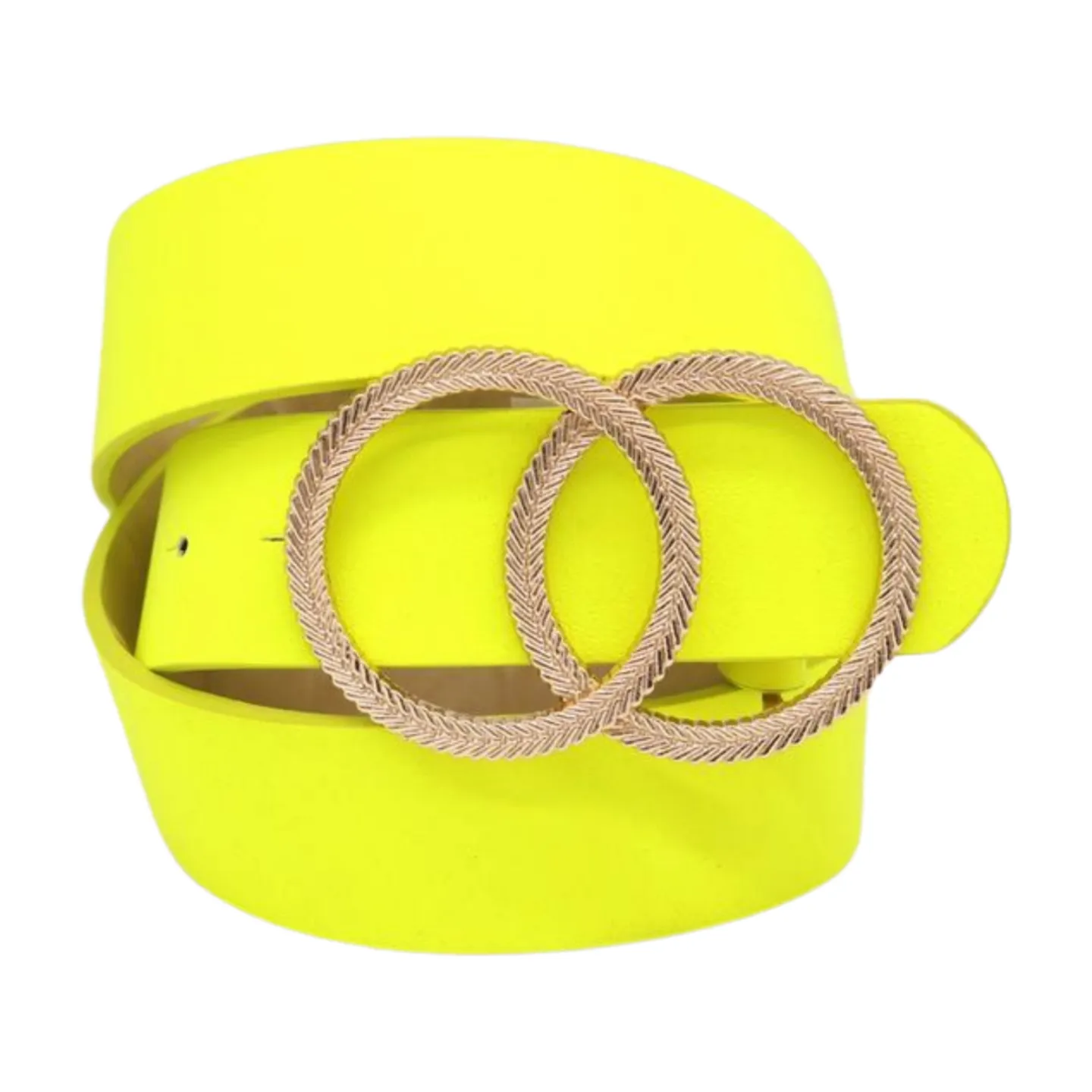 Women Neon Bright Yellow Faux Leather Band Belt Gold Metal Circle Buckle M L