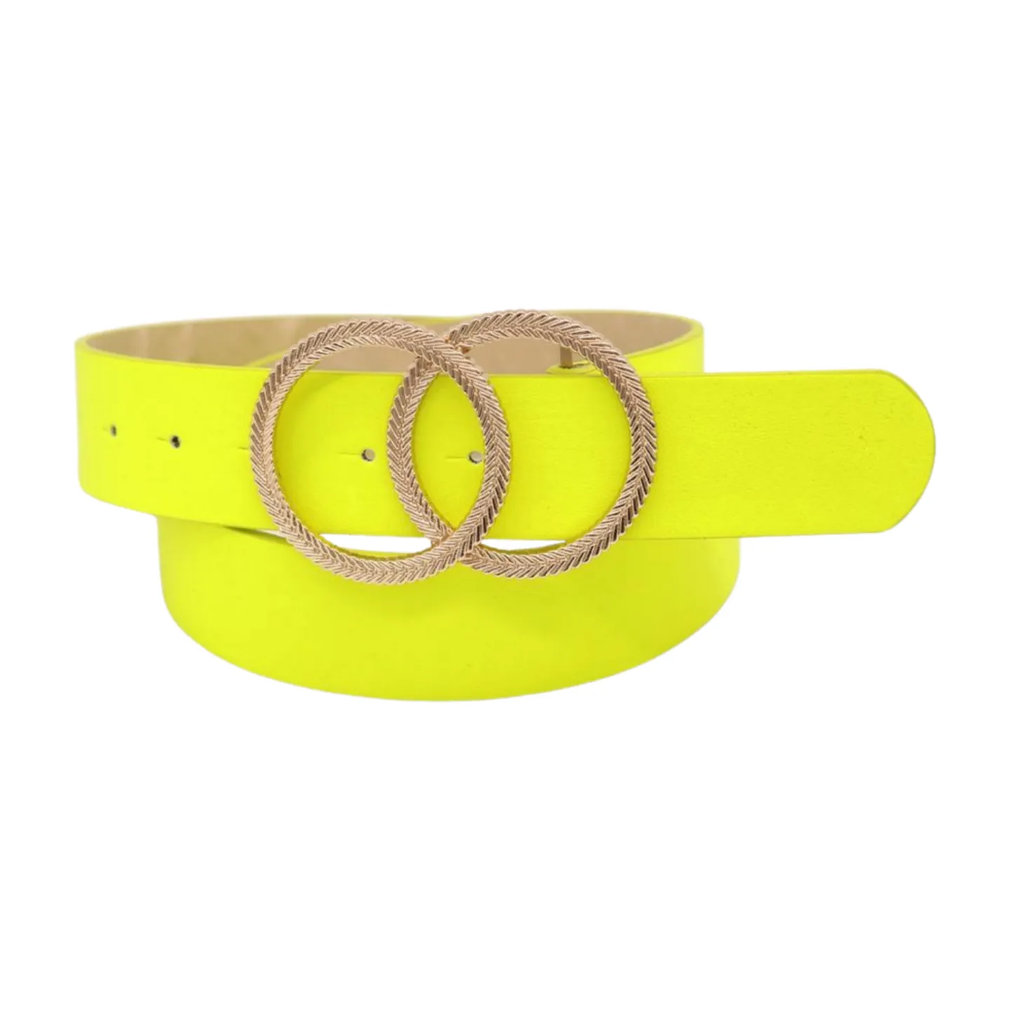 Women Neon Bright Yellow Faux Leather Band Belt Gold Metal Circle Buckle M L